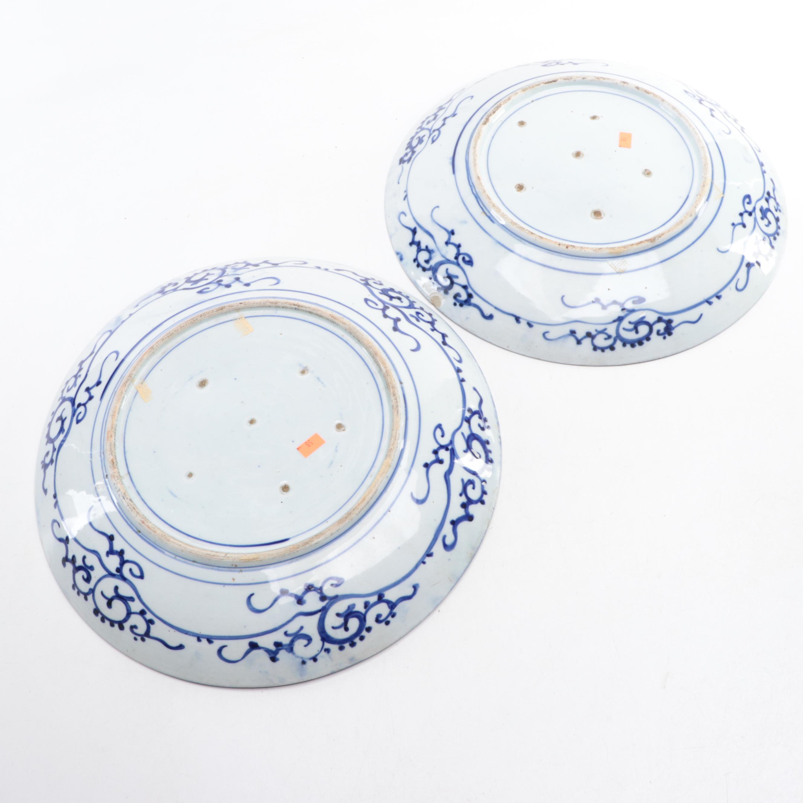 Japanese Katagami Blue and White Porcelain Chargers, Antique