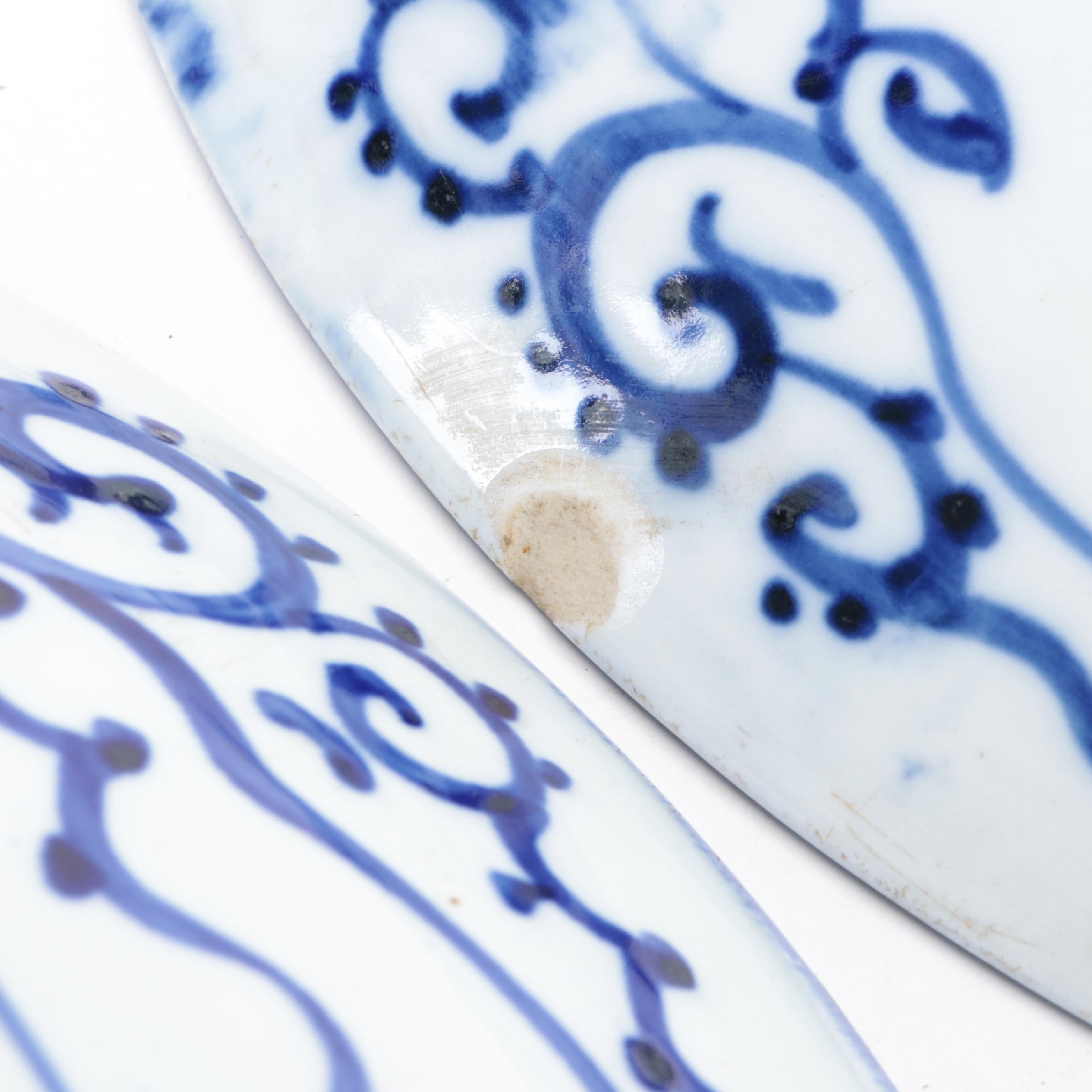 Japanese Katagami Blue and White Porcelain Chargers, Antique