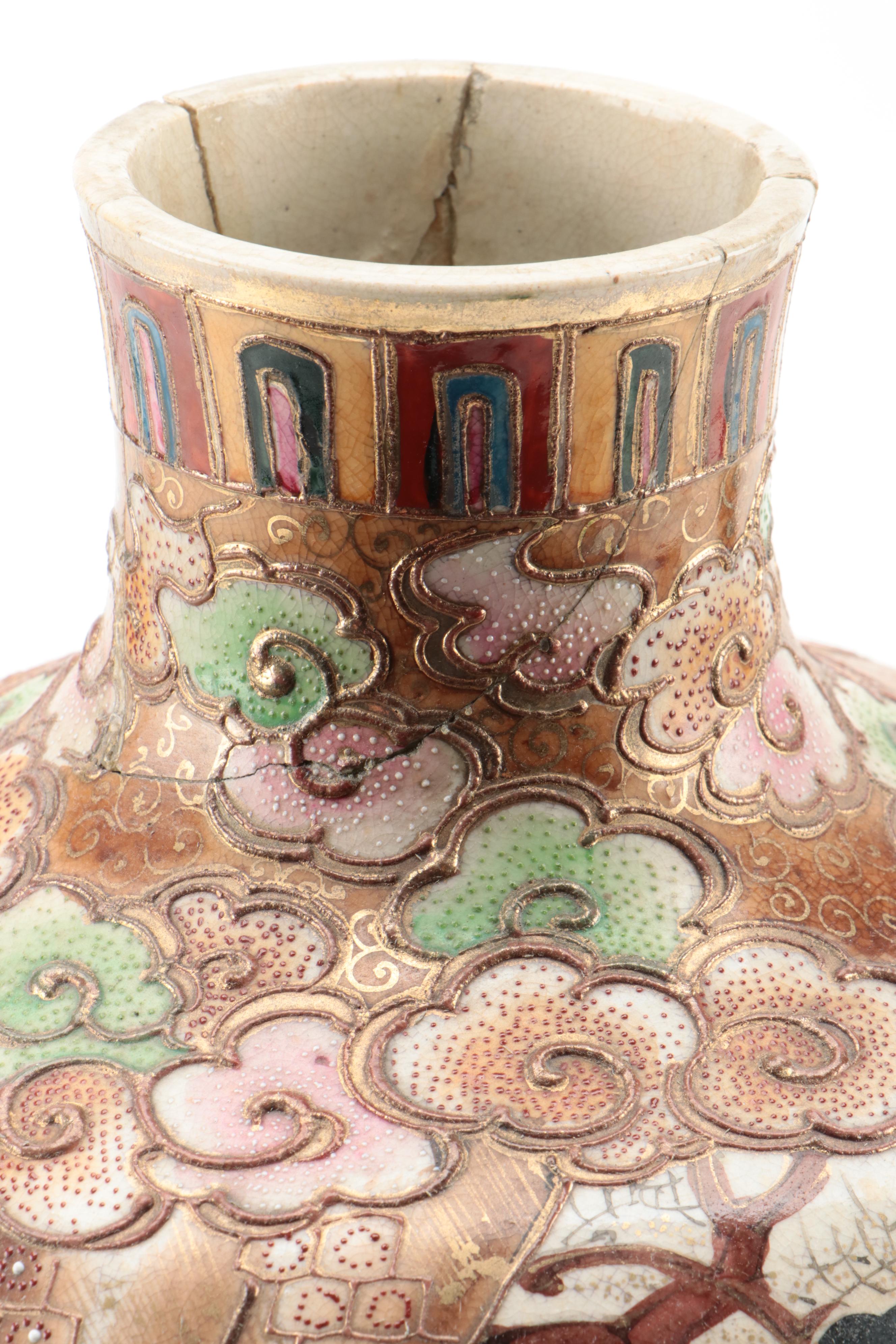 Japanese Satsuma Moriage Accented Earthenware Vase, Antique