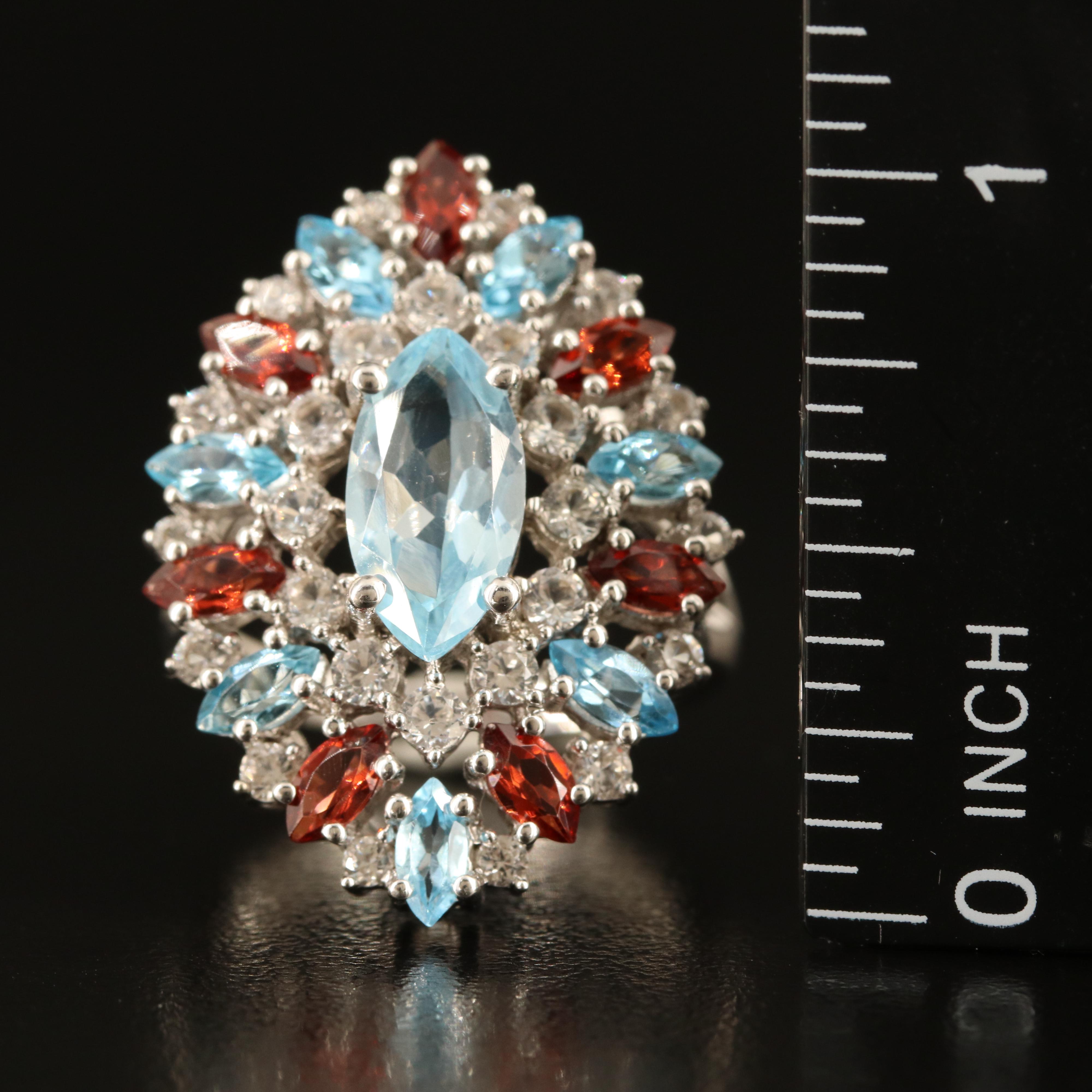 Sterling Sky Blue Topaz, Garnet and White Sapphire Navette Ring