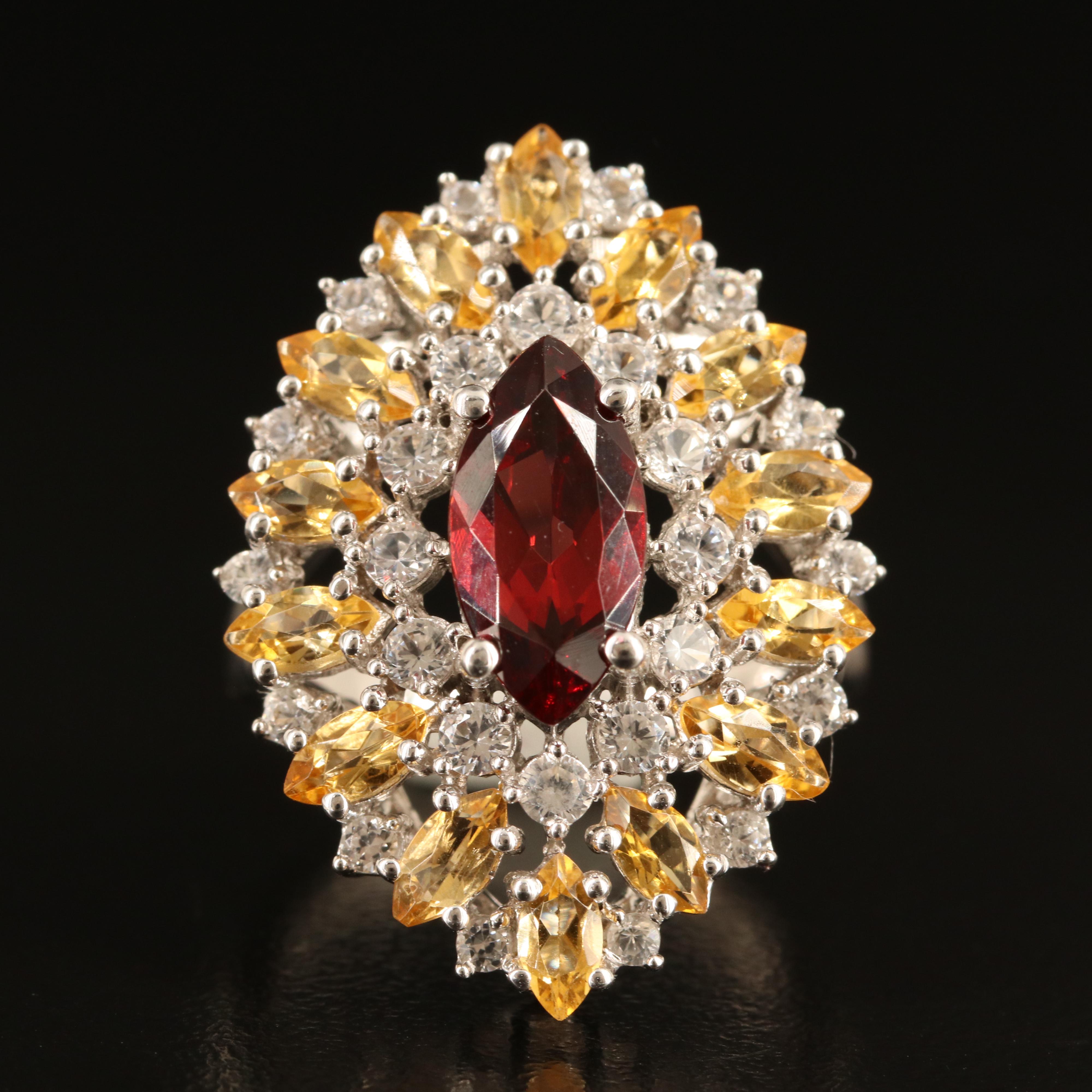 Sterling Garnet, Citrine and White Sapphire Navette Ring
