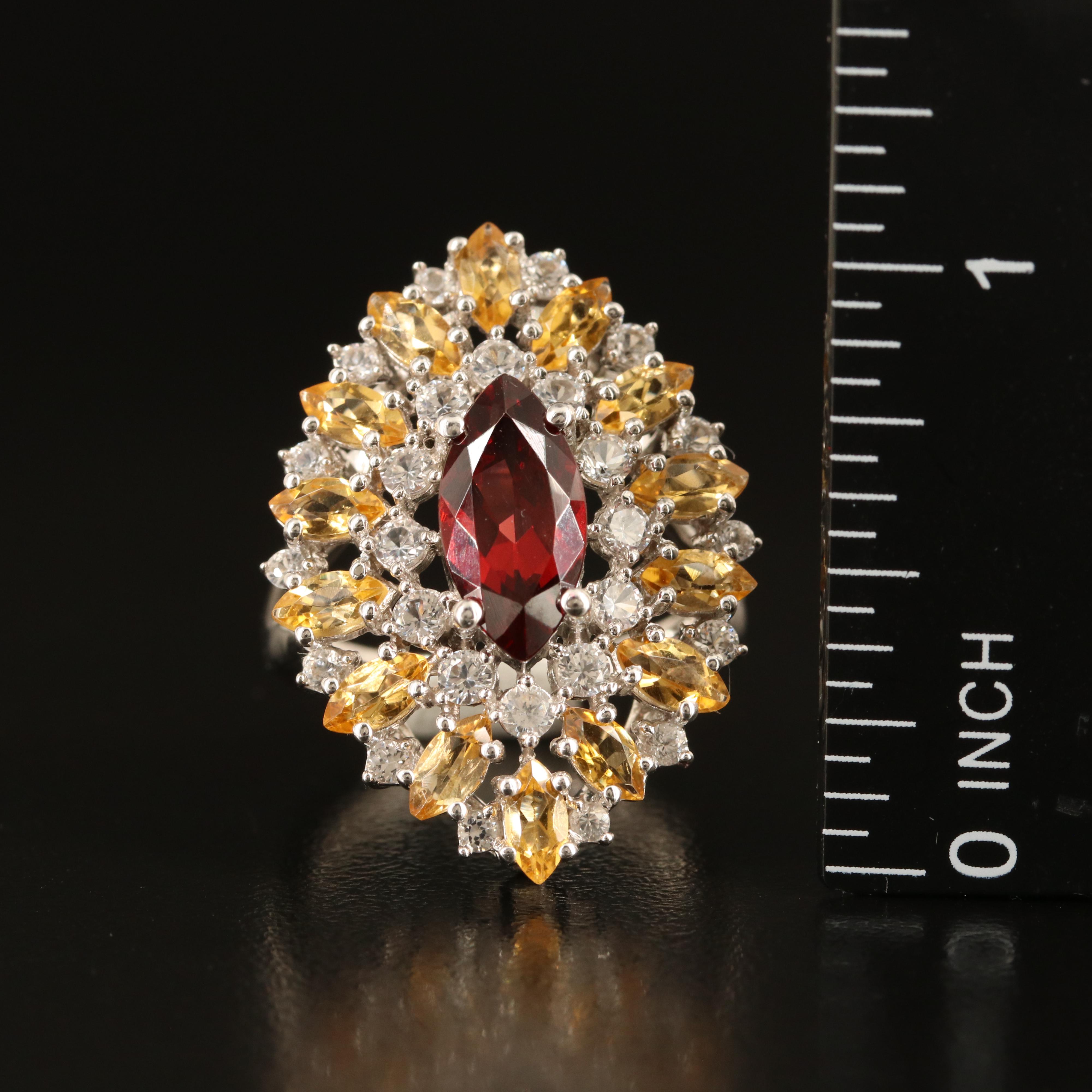 Sterling Garnet, Citrine and White Sapphire Navette Ring