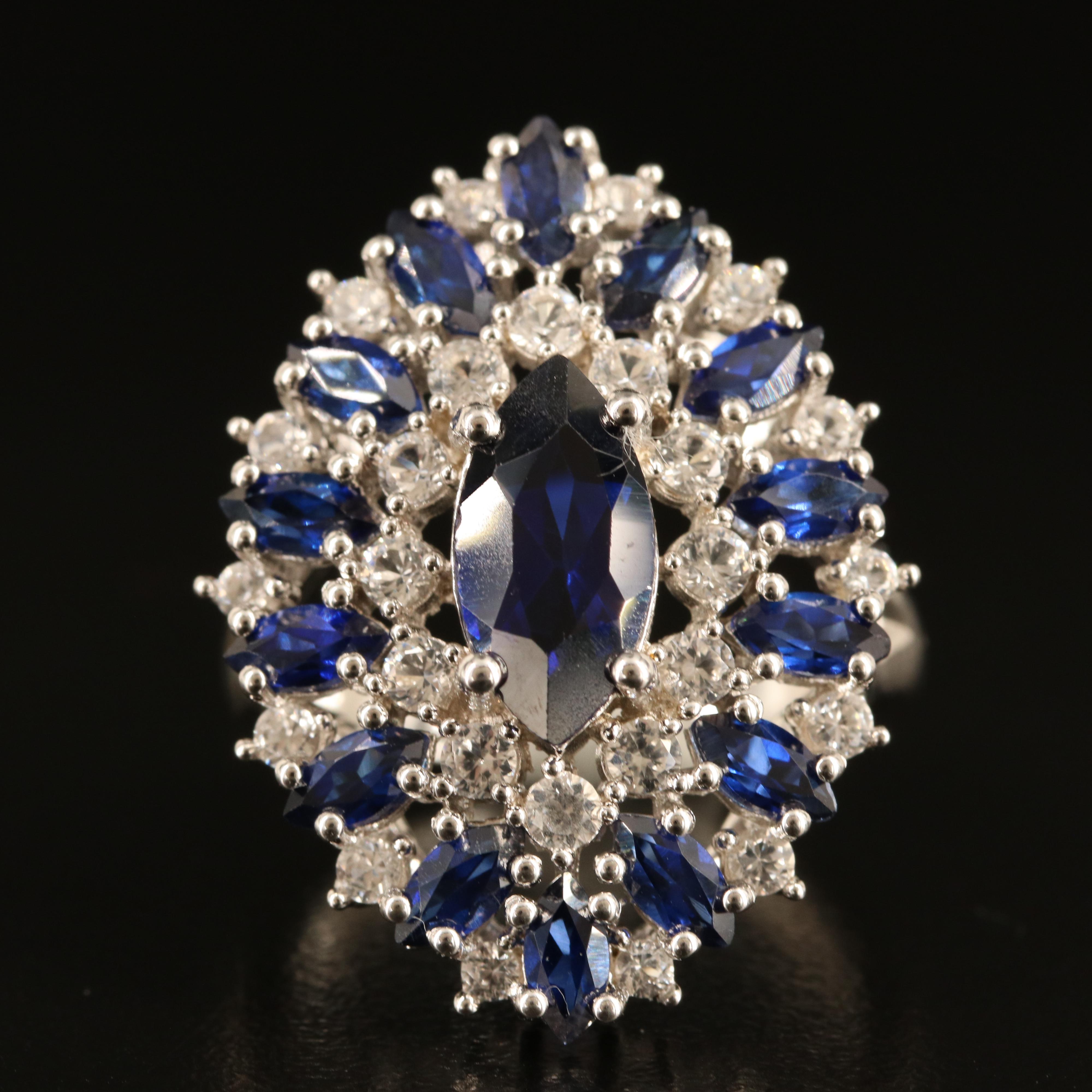 Sterling Sapphire and White Sapphire Navette Ring