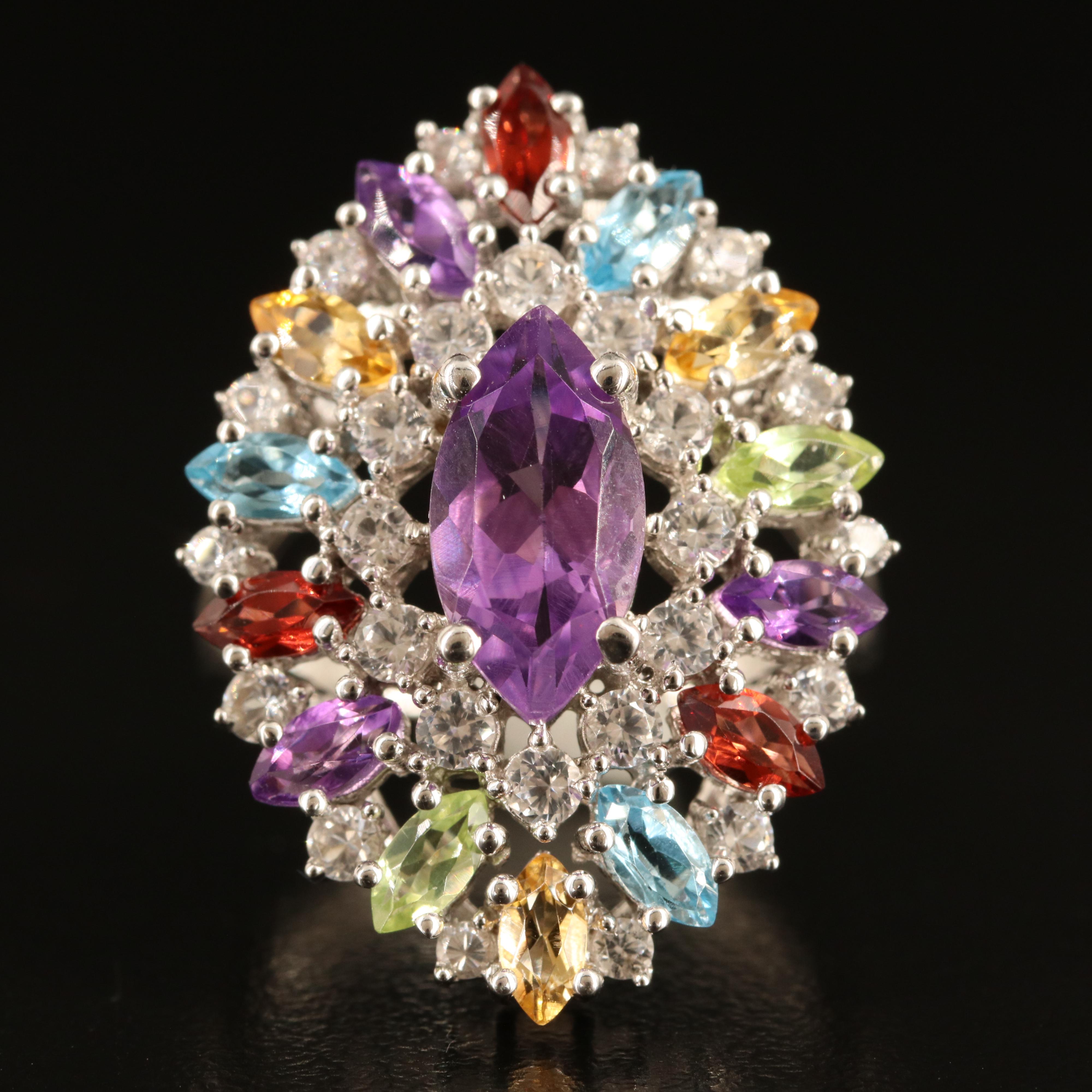 Sterling Amethyst, Sky Blue Topaz and Gemstone Navette Ring