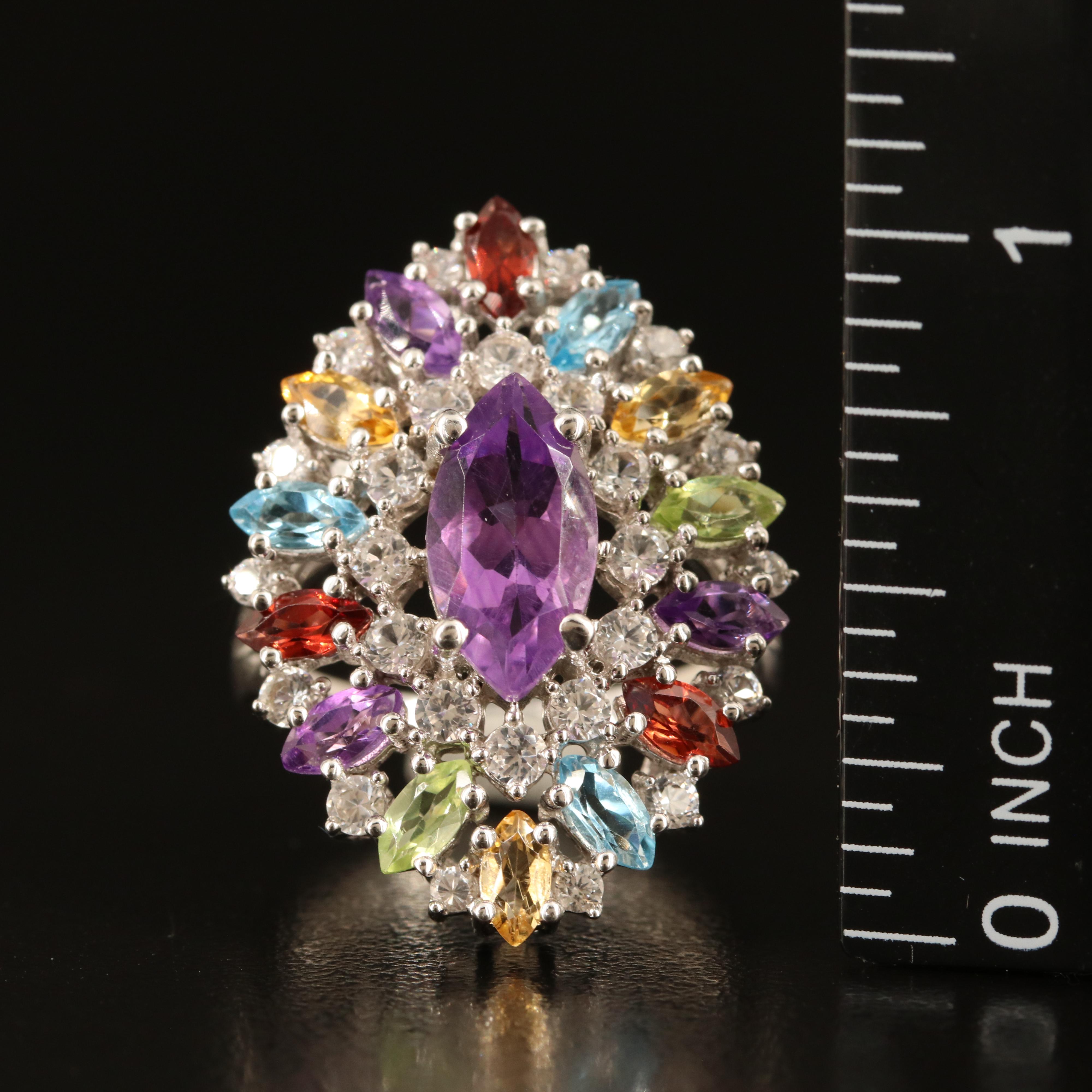 Sterling Amethyst, Sky Blue Topaz and Gemstone Navette Ring