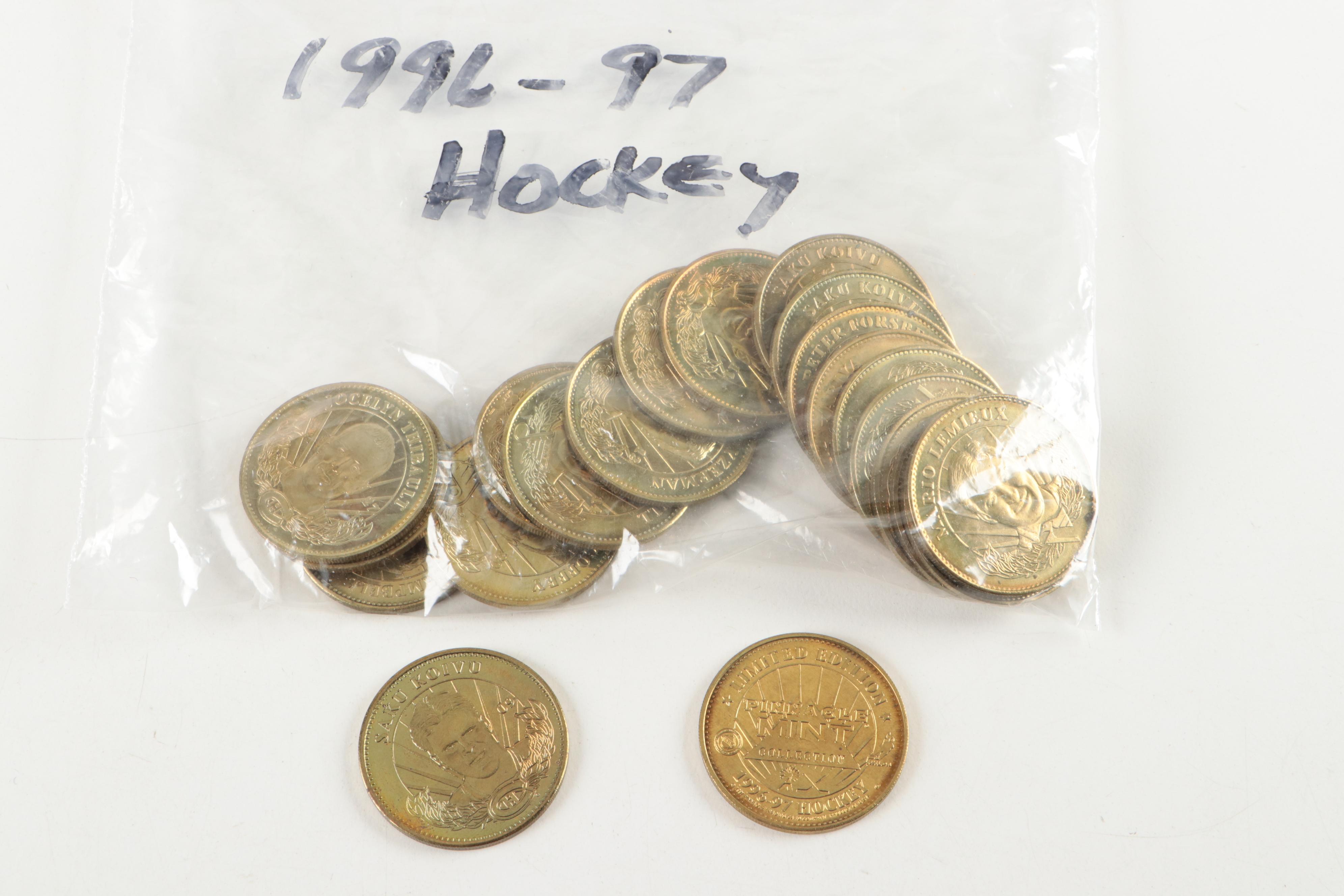 Pinnacle with More Sports Coins and Buttons, Walker, Favre, 1980s–2000s