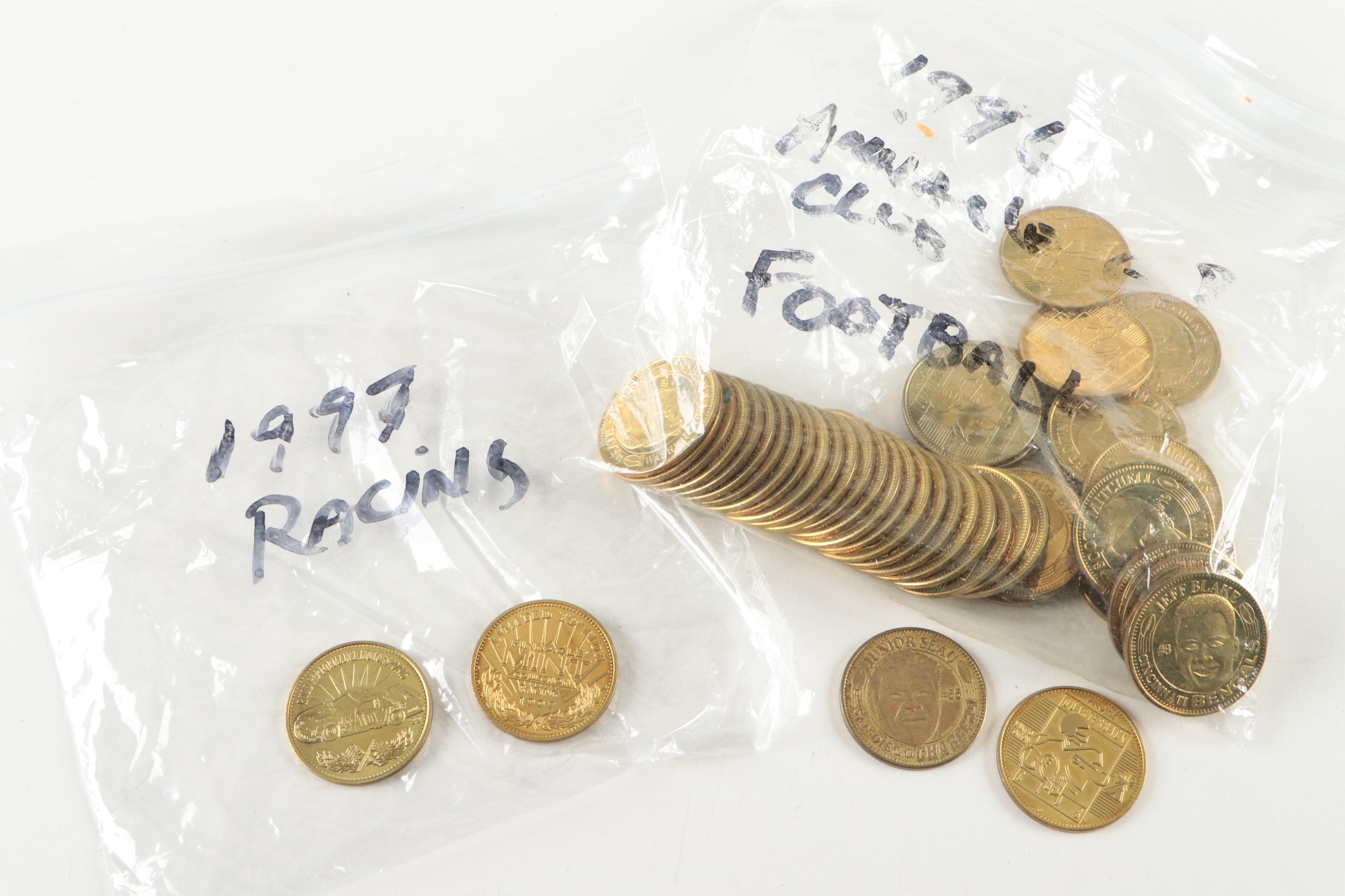 Pinnacle with More Sports Coins and Buttons, Walker, Favre, 1980s–2000s