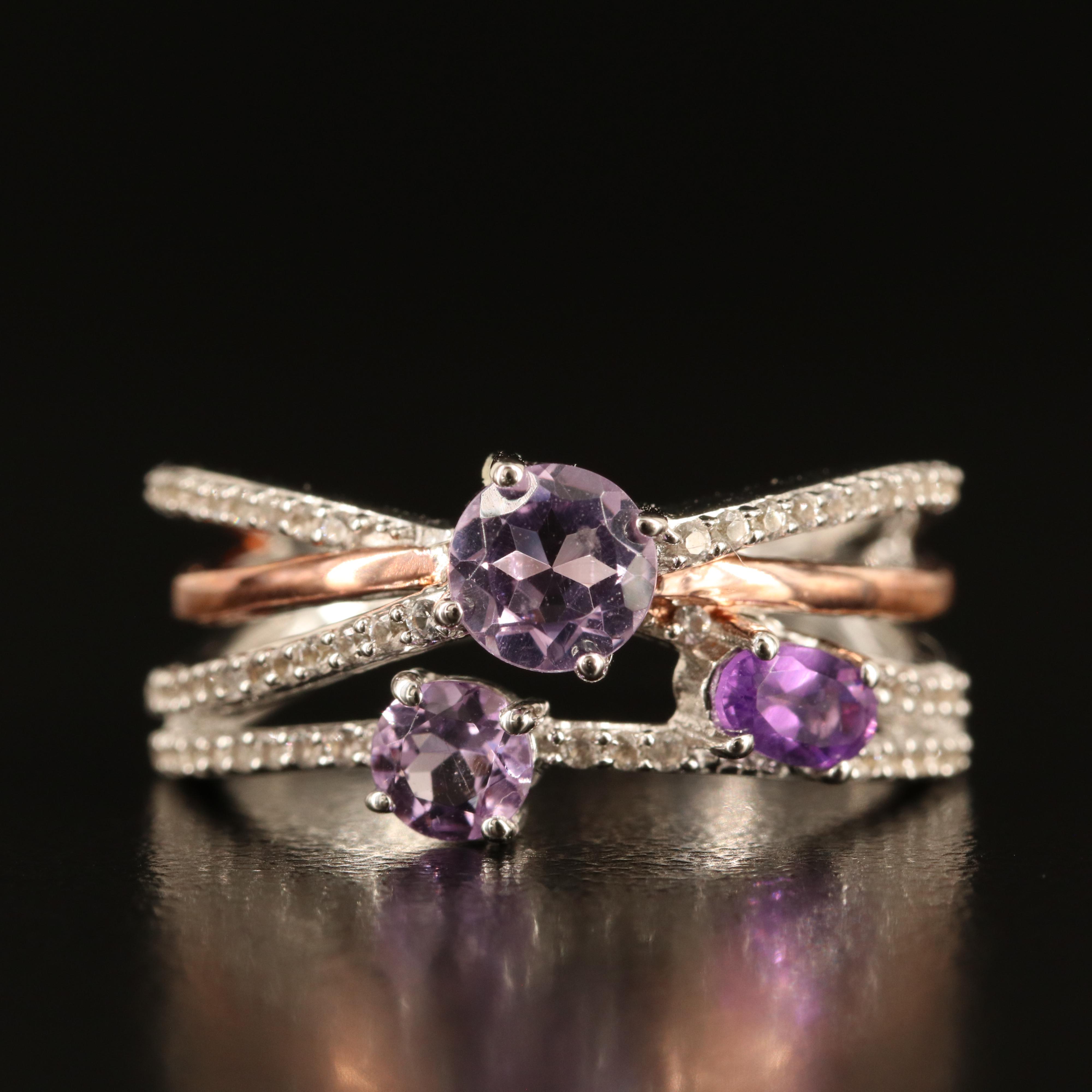 Sterling Amethyst and White Sapphire Crossover Ring