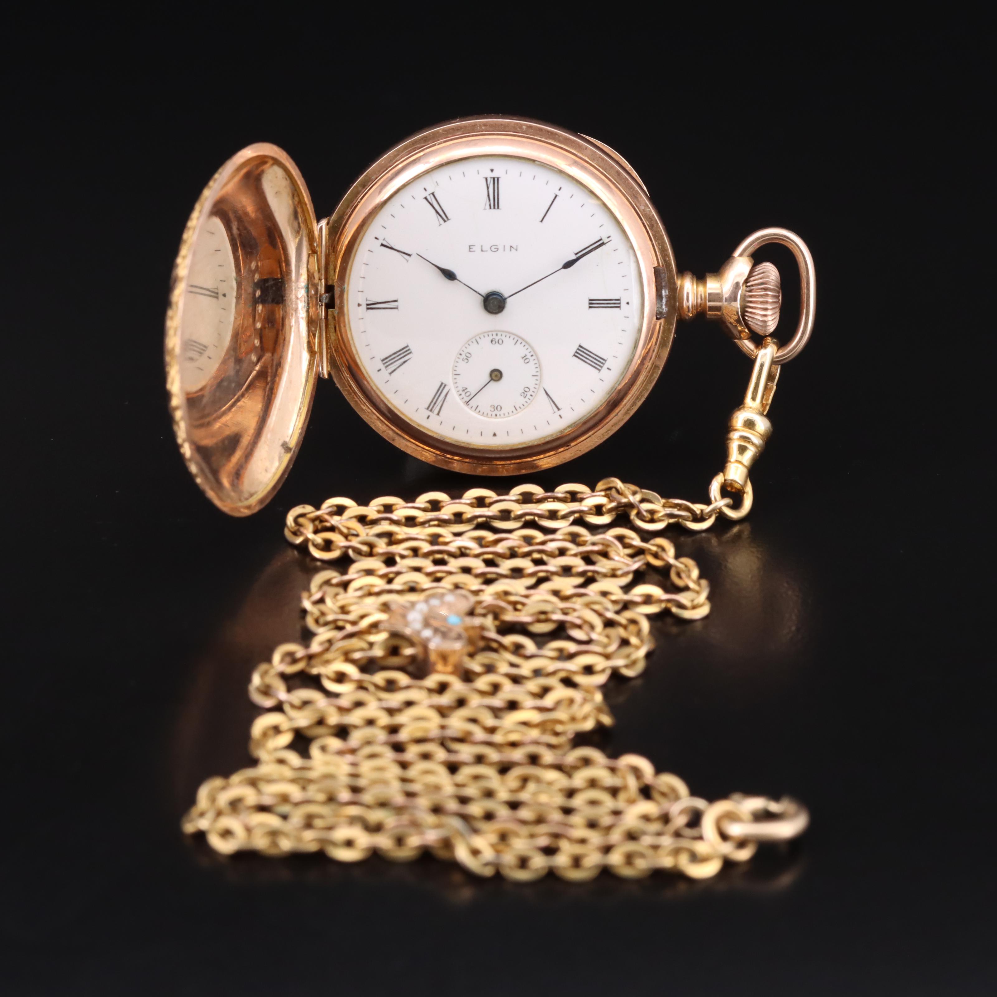 Antique Elgin Hunter Pocket Watch on Fob Necklace