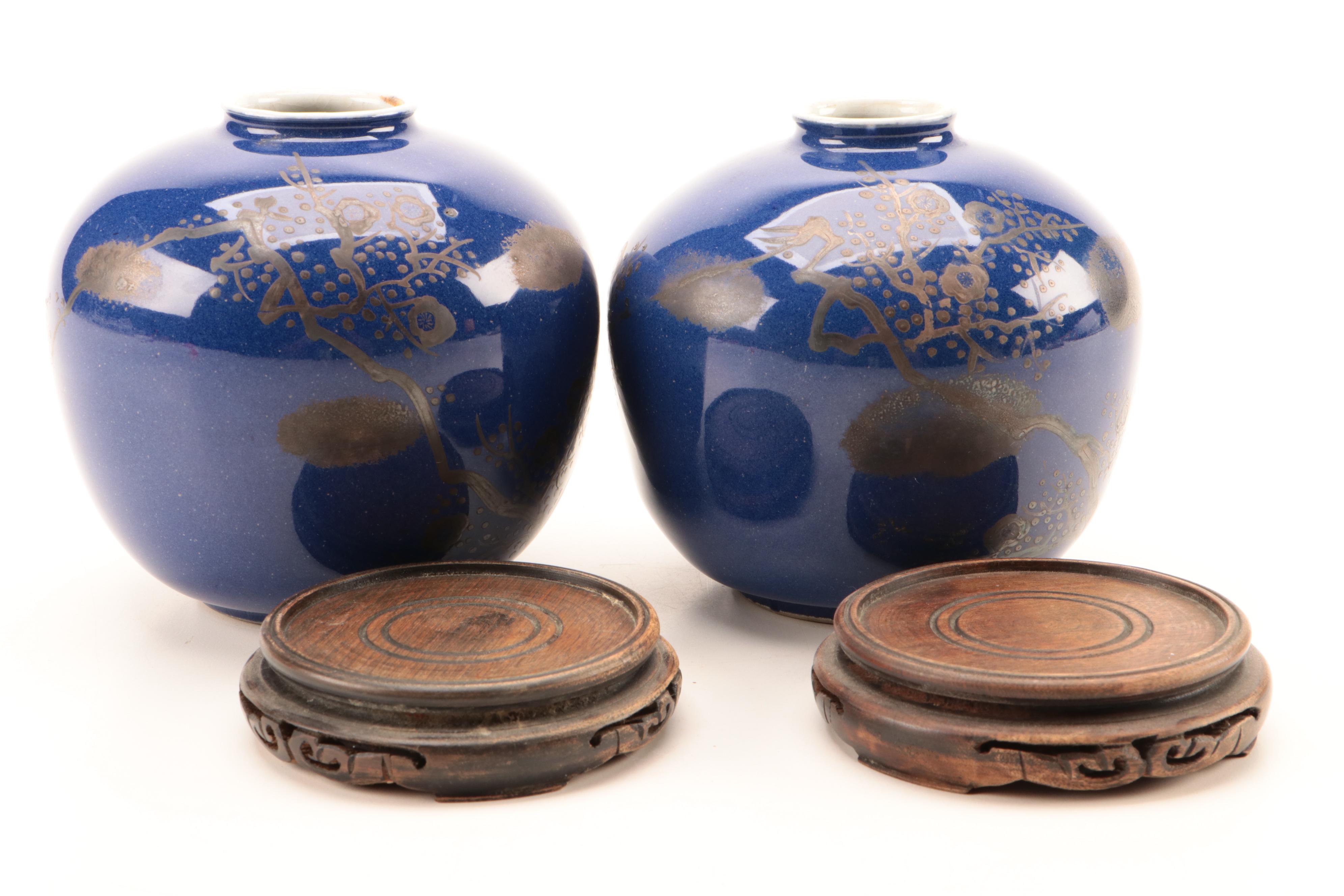 Japanese Kutani Ware Vases with Carved Stands