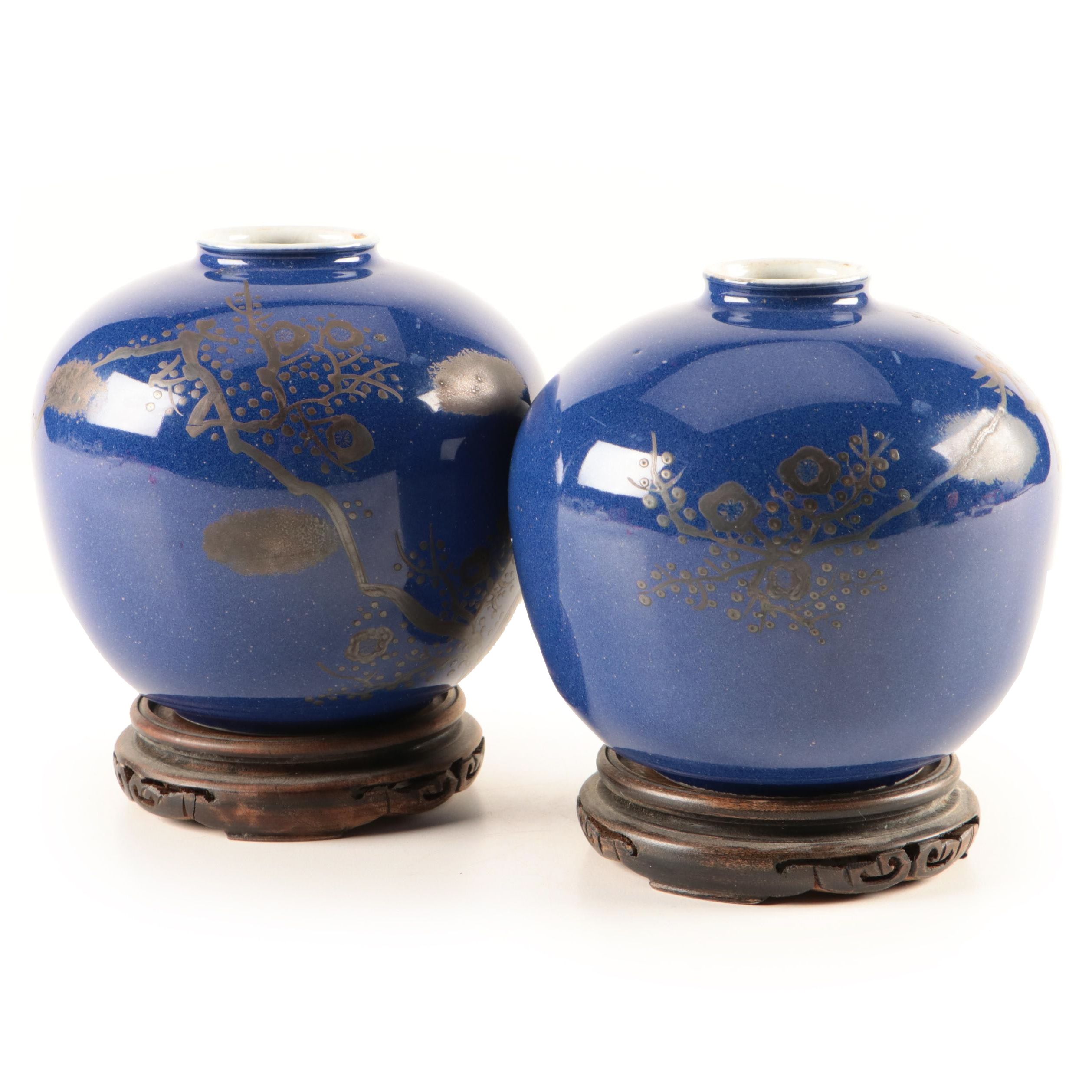 Japanese Kutani Ware Vases with Carved Stands