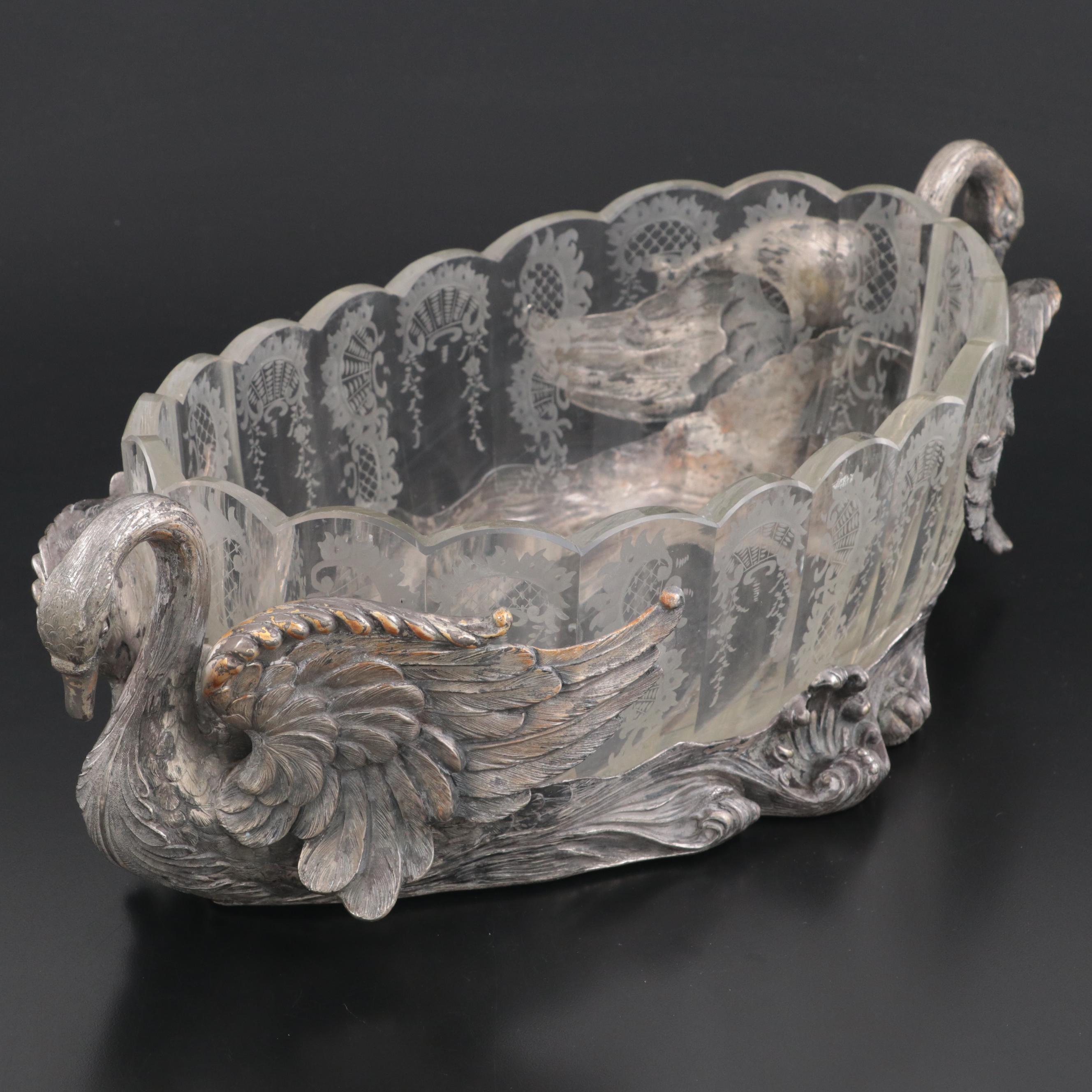 German 800 Silver Swan Handled Cut Glass Centerpiece Bowl, Late 19th C.