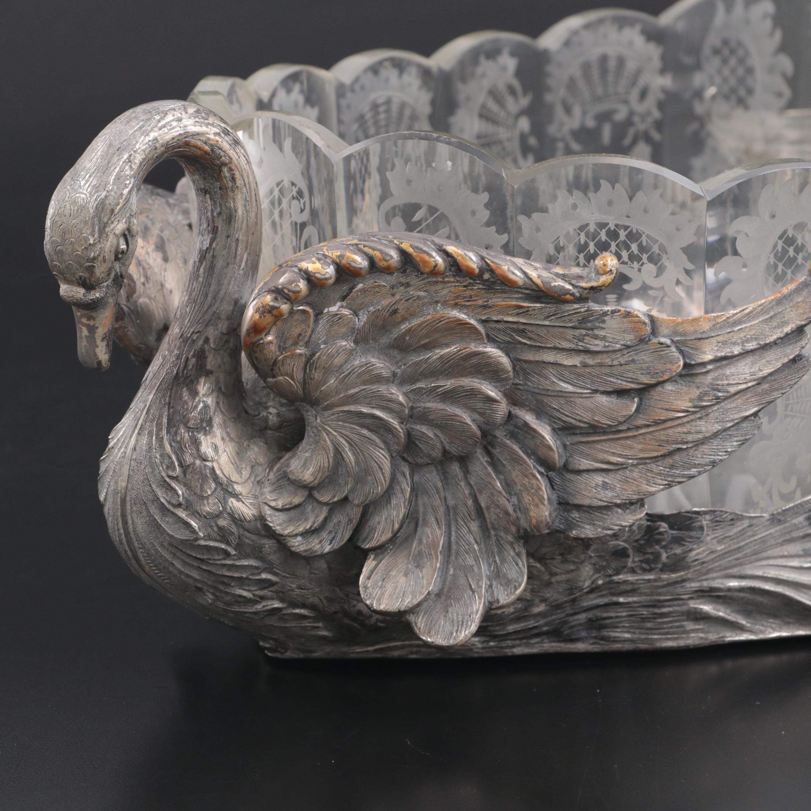 German 800 Silver Swan Handled Cut Glass Centerpiece Bowl, Late 19th C.