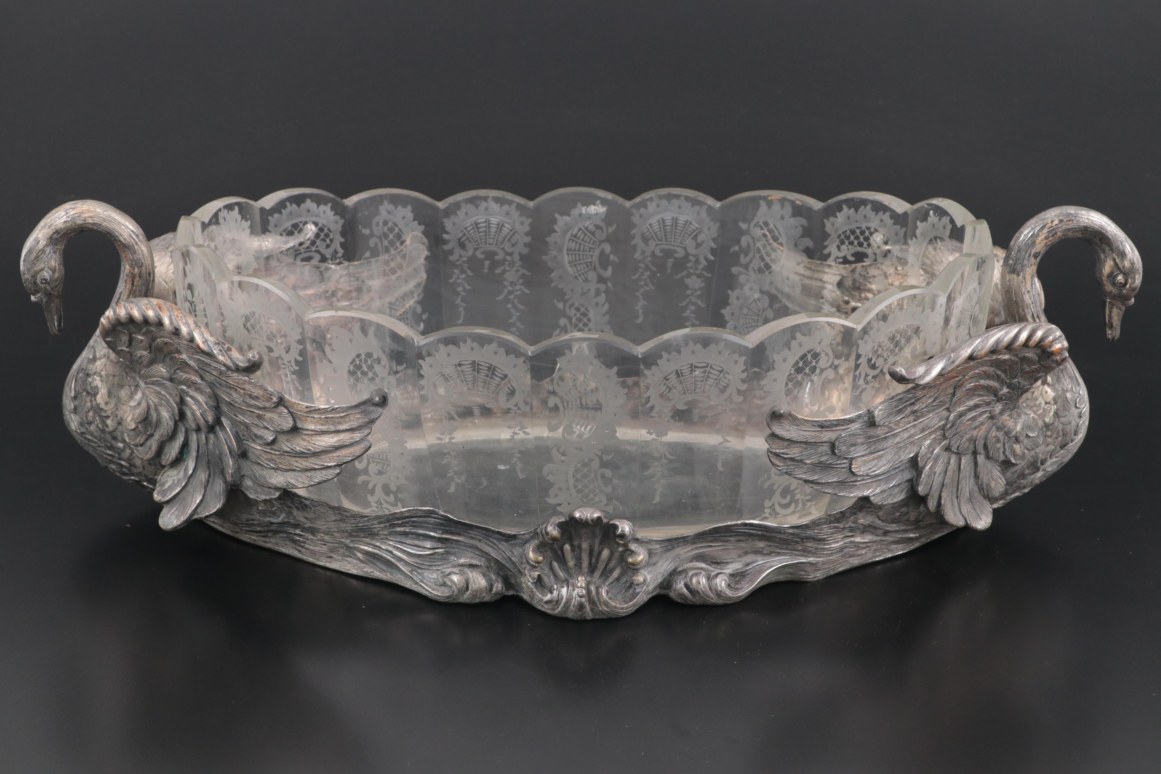 German 800 Silver Swan Handled Cut Glass Centerpiece Bowl, Late 19th C.