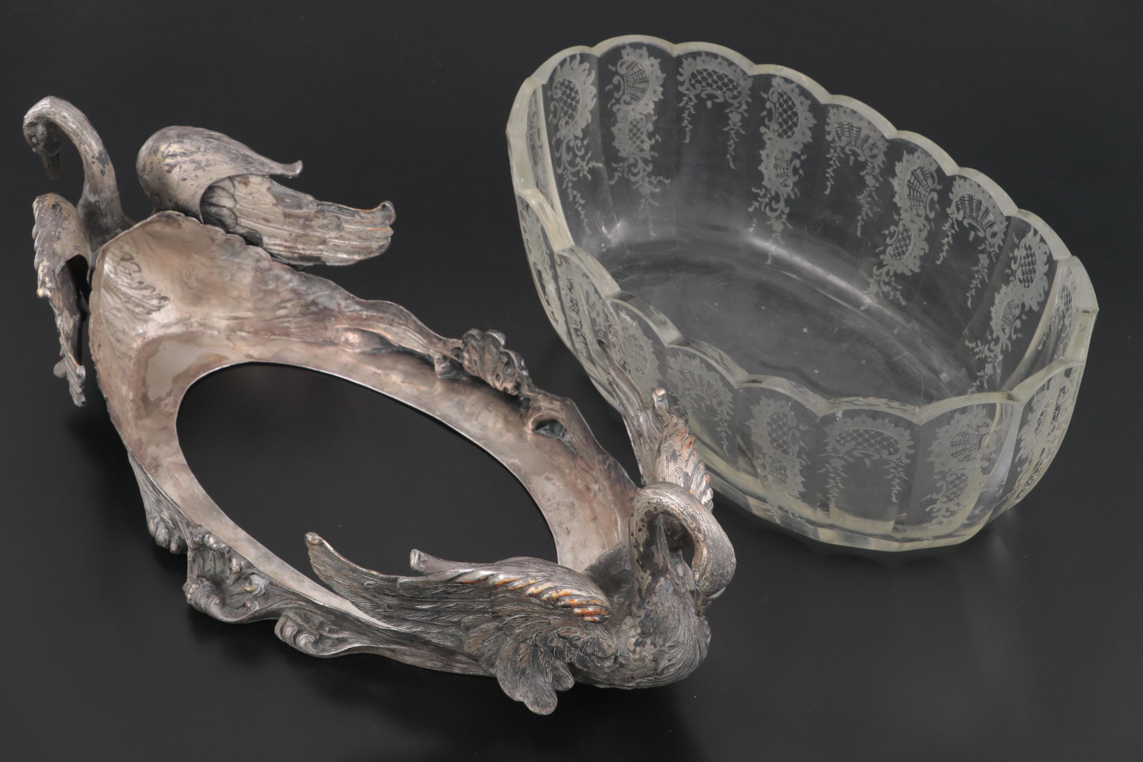 German 800 Silver Swan Handled Cut Glass Centerpiece Bowl, Late 19th C.