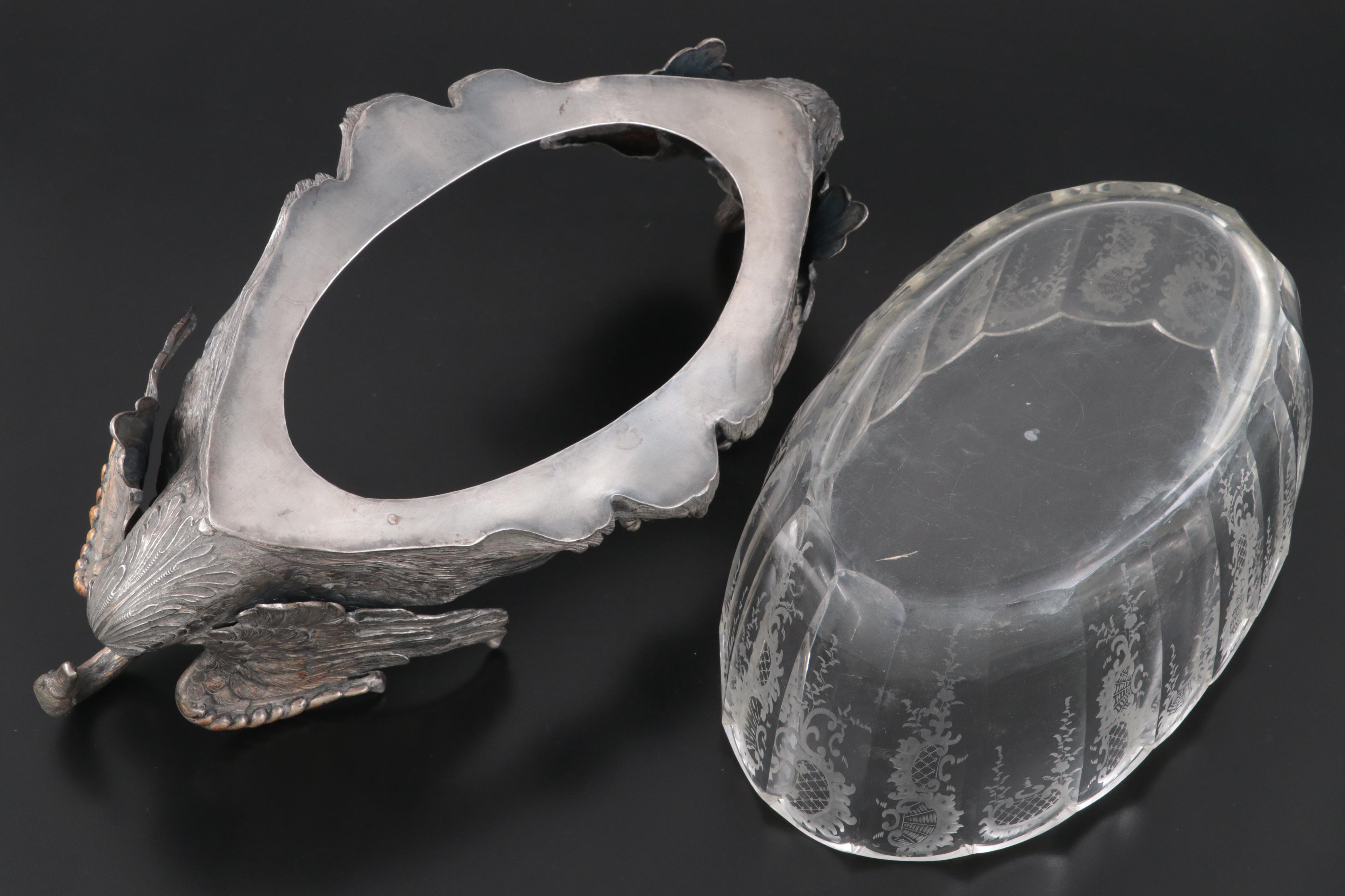 German 800 Silver Swan Handled Cut Glass Centerpiece Bowl, Late 19th C.