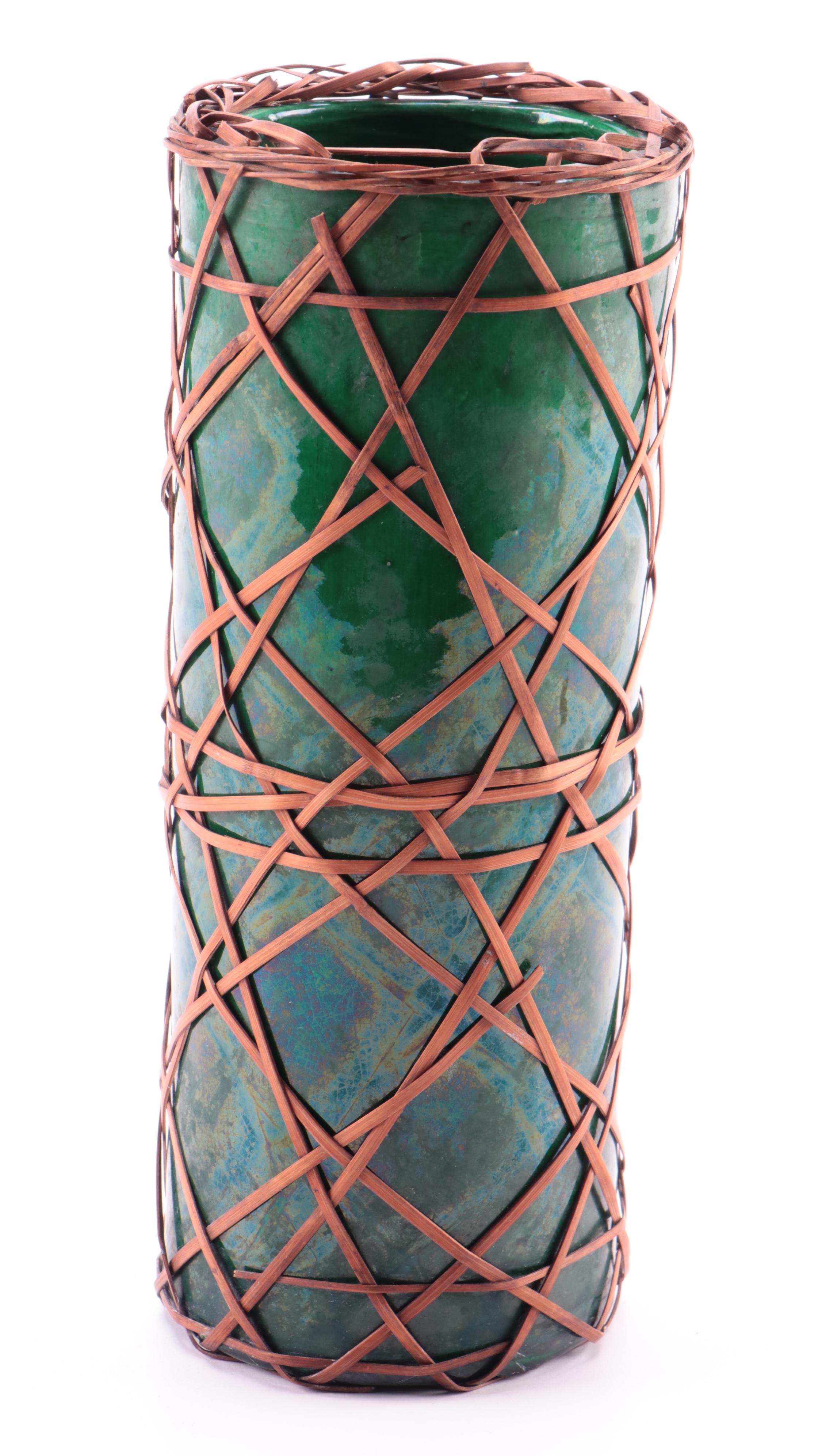 Japanese Awaji Pottery Wrapped Vase and Candlesticks, Late 19th / Early 20th C.