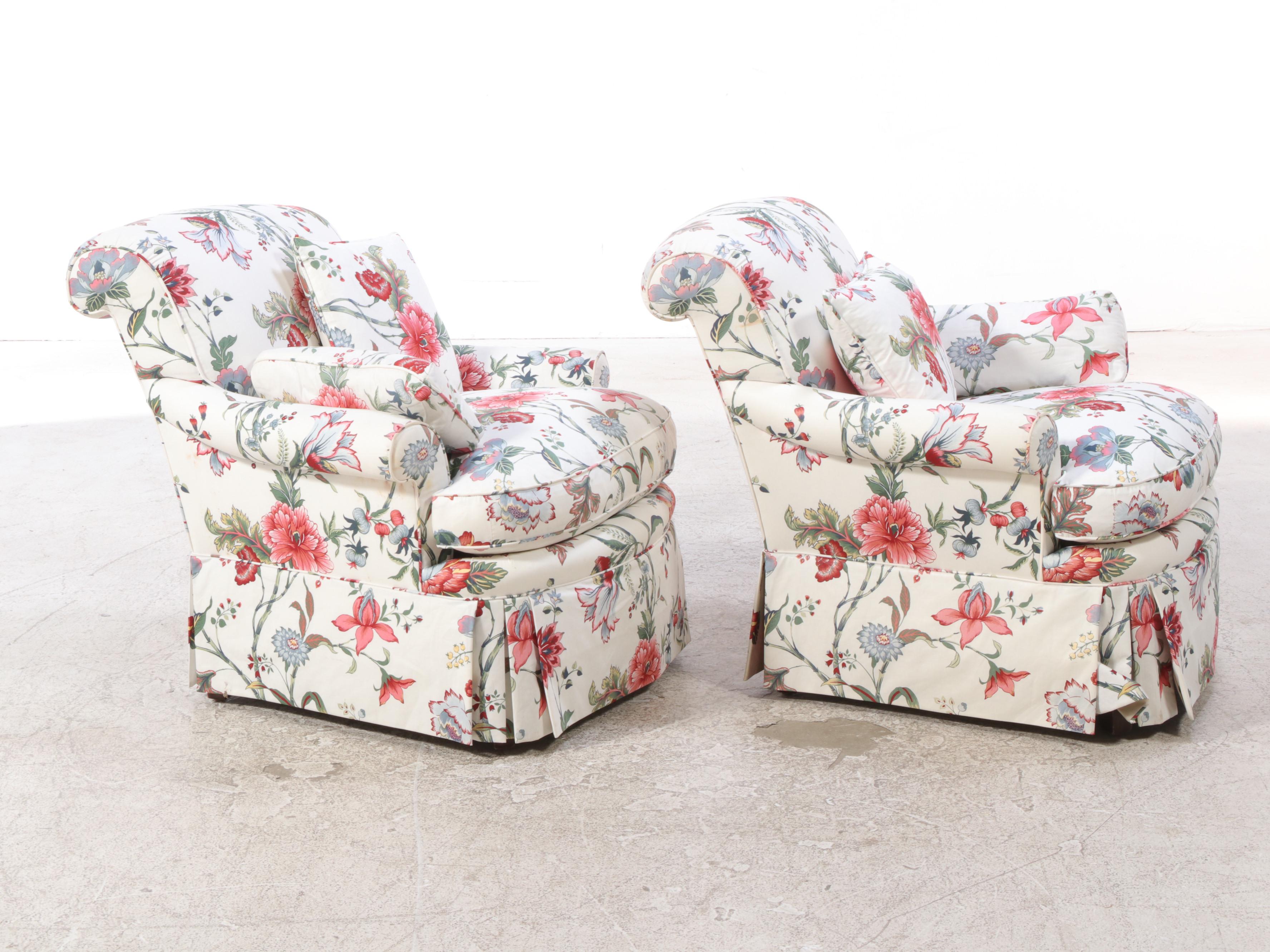 Pair of TRS Furniture Inc. Floral-Upholstered Easy Armchairs