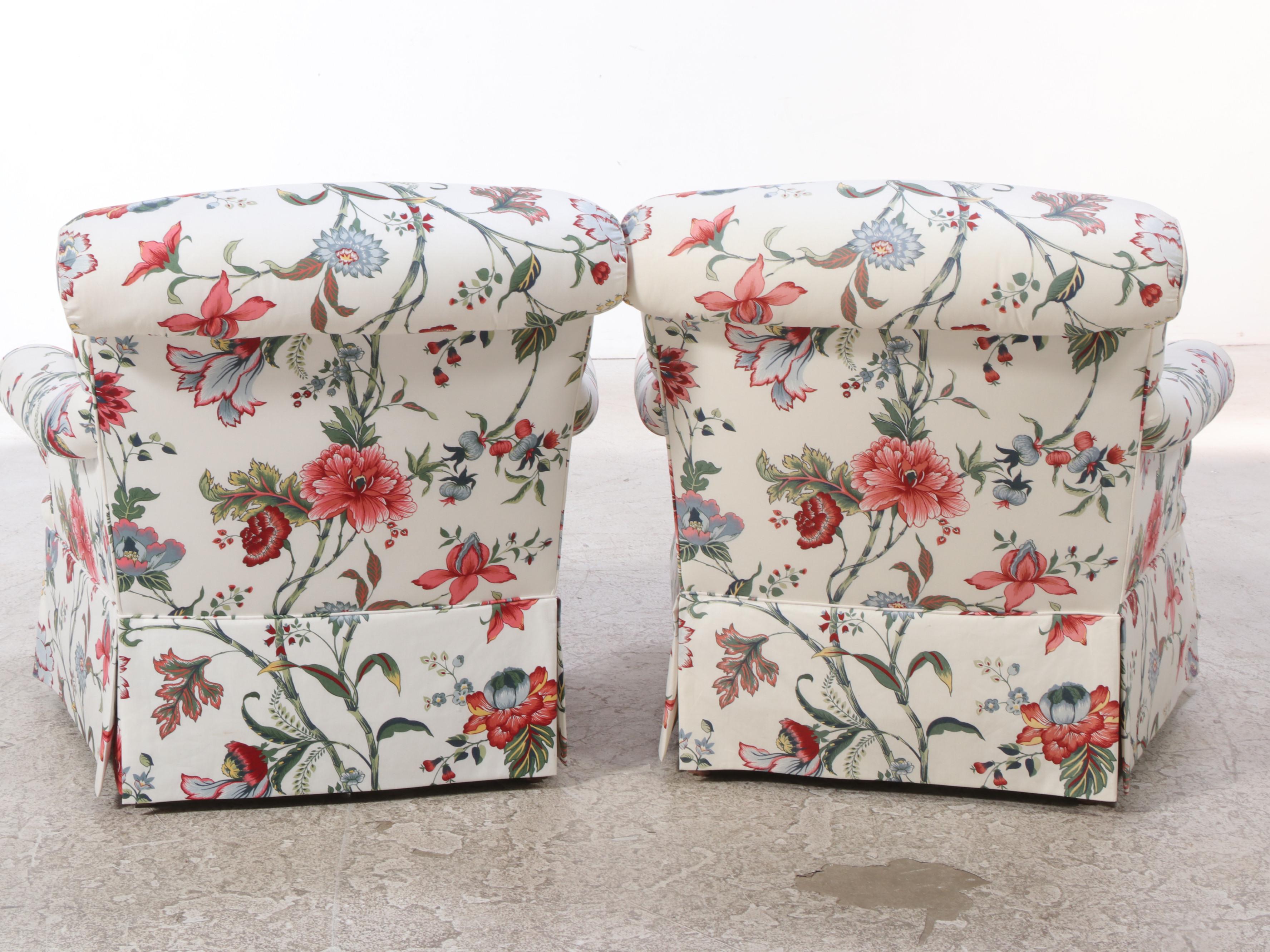 Pair of TRS Furniture Inc. Floral-Upholstered Easy Armchairs