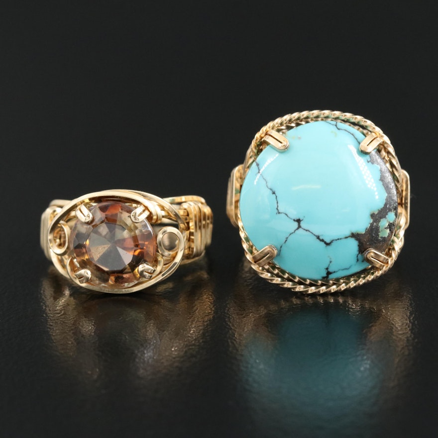 14K Wire Wrapped Rings Including Andalusite and Turquoise