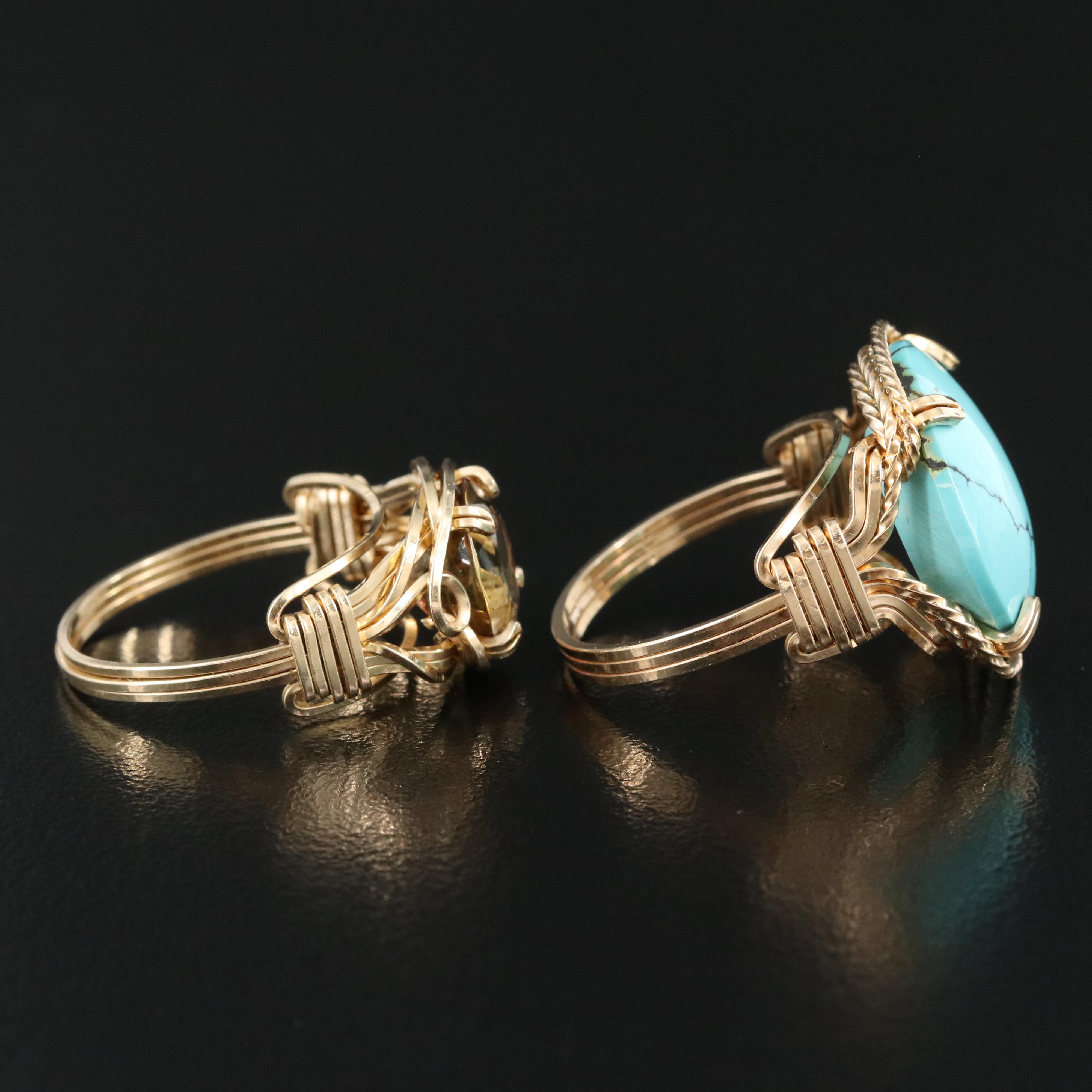 14K Wire Wrapped Rings Including Andalusite and Turquoise