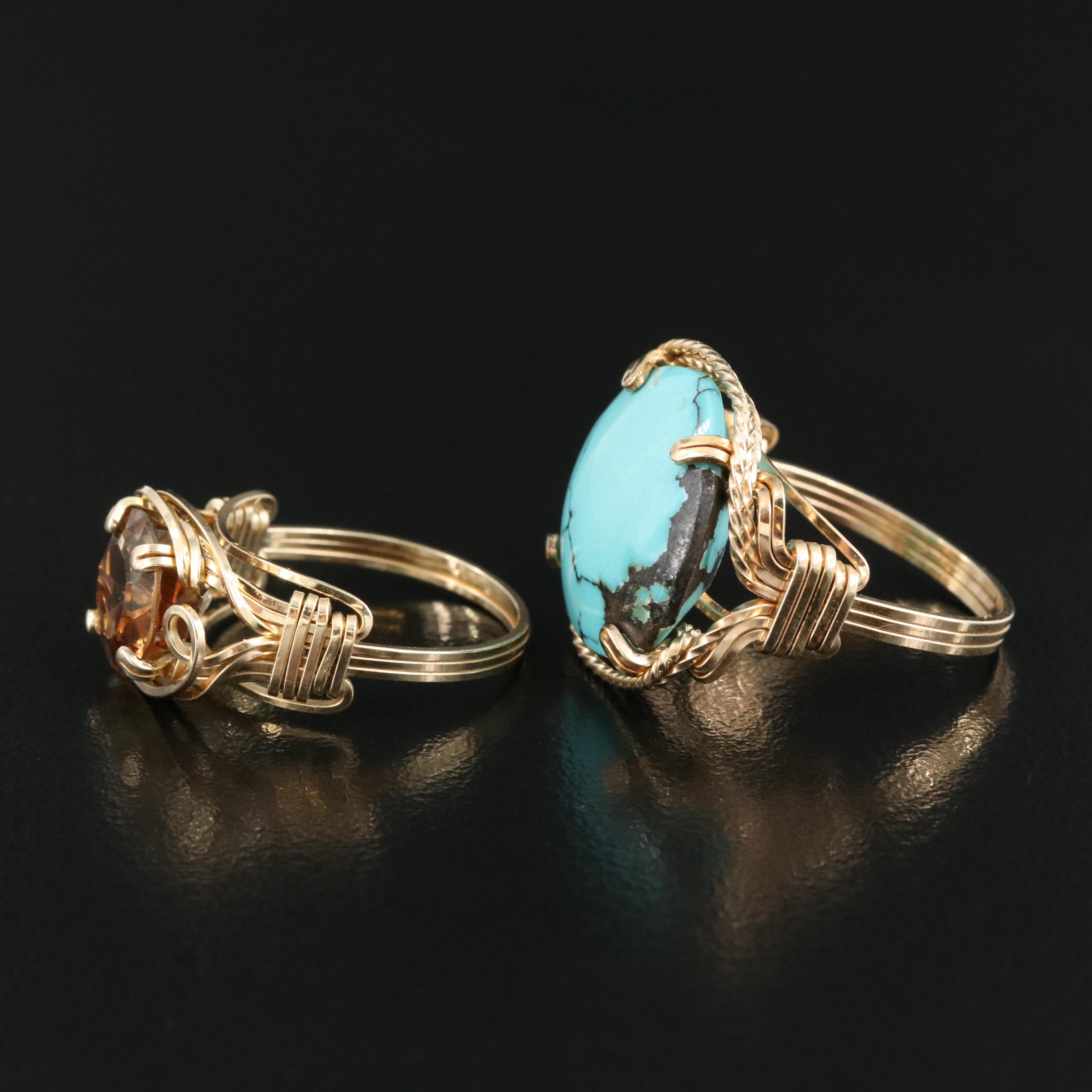14K Wire Wrapped Rings Including Andalusite and Turquoise