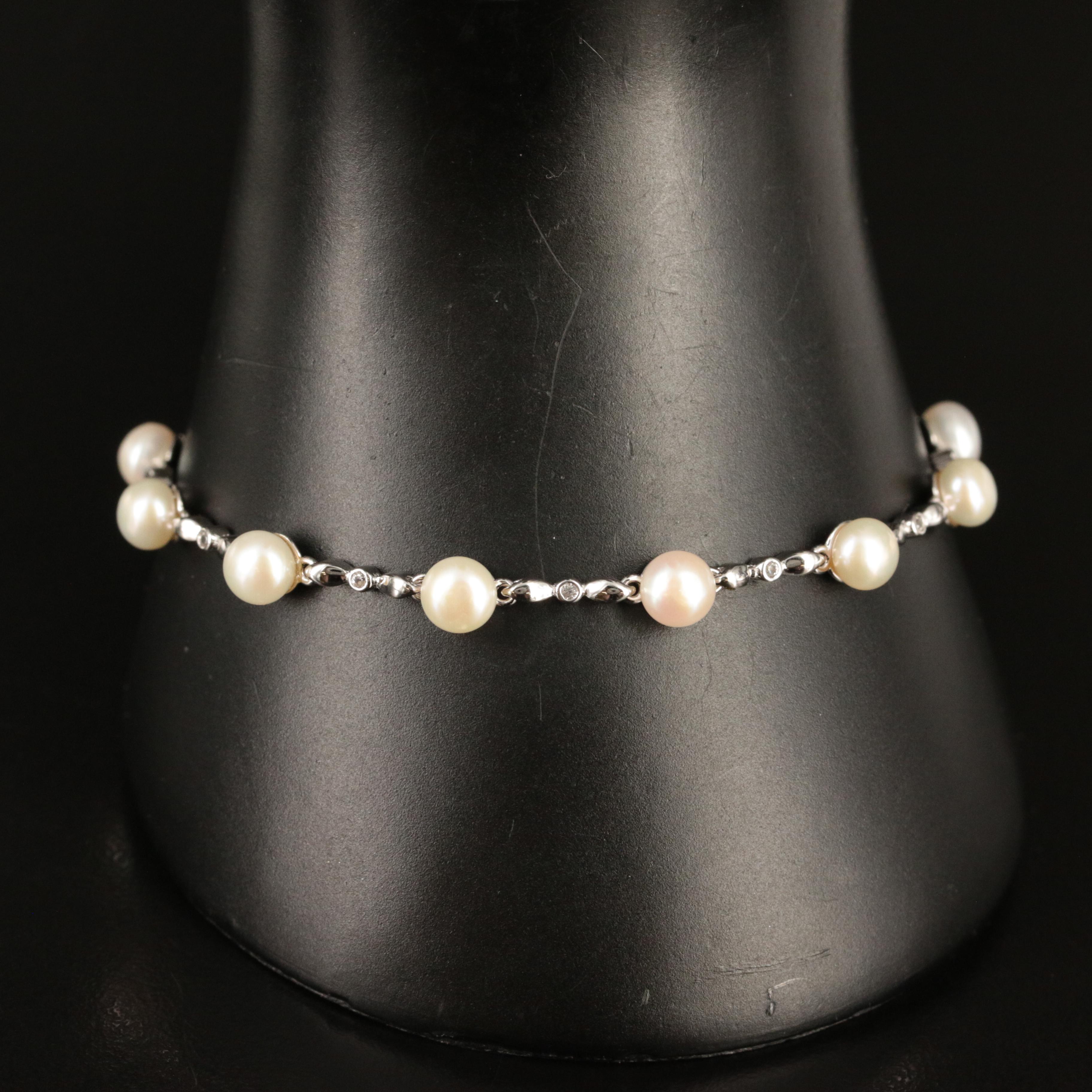 Sterling Pearl and Topaz Station Bracelet