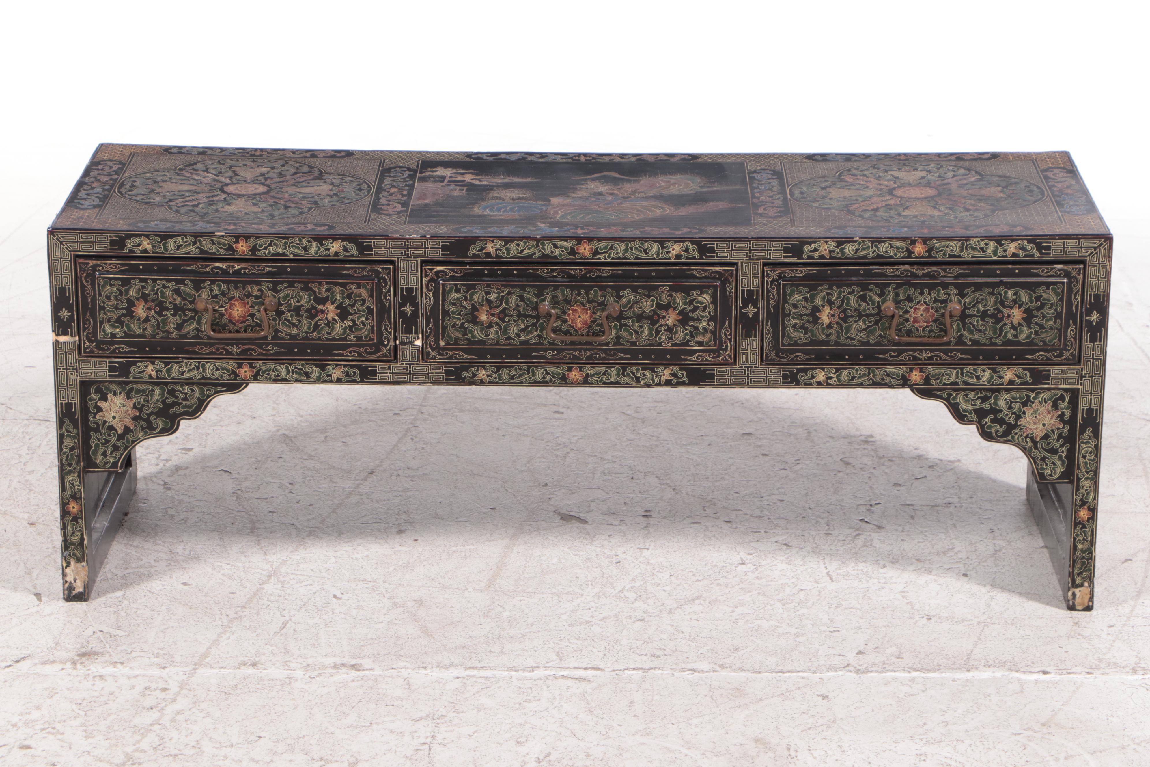 Chinese Black, Gilt, and Polychrome-Lacquered Low Table