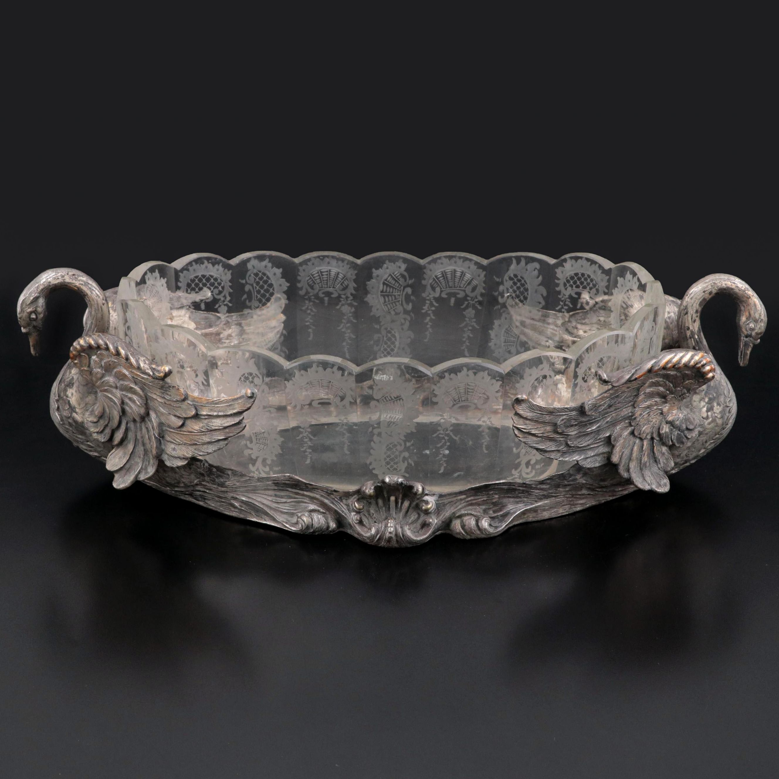 German 800 Silver Swan Handled Cut Glass Centerpiece Bowl, Late 19th C.