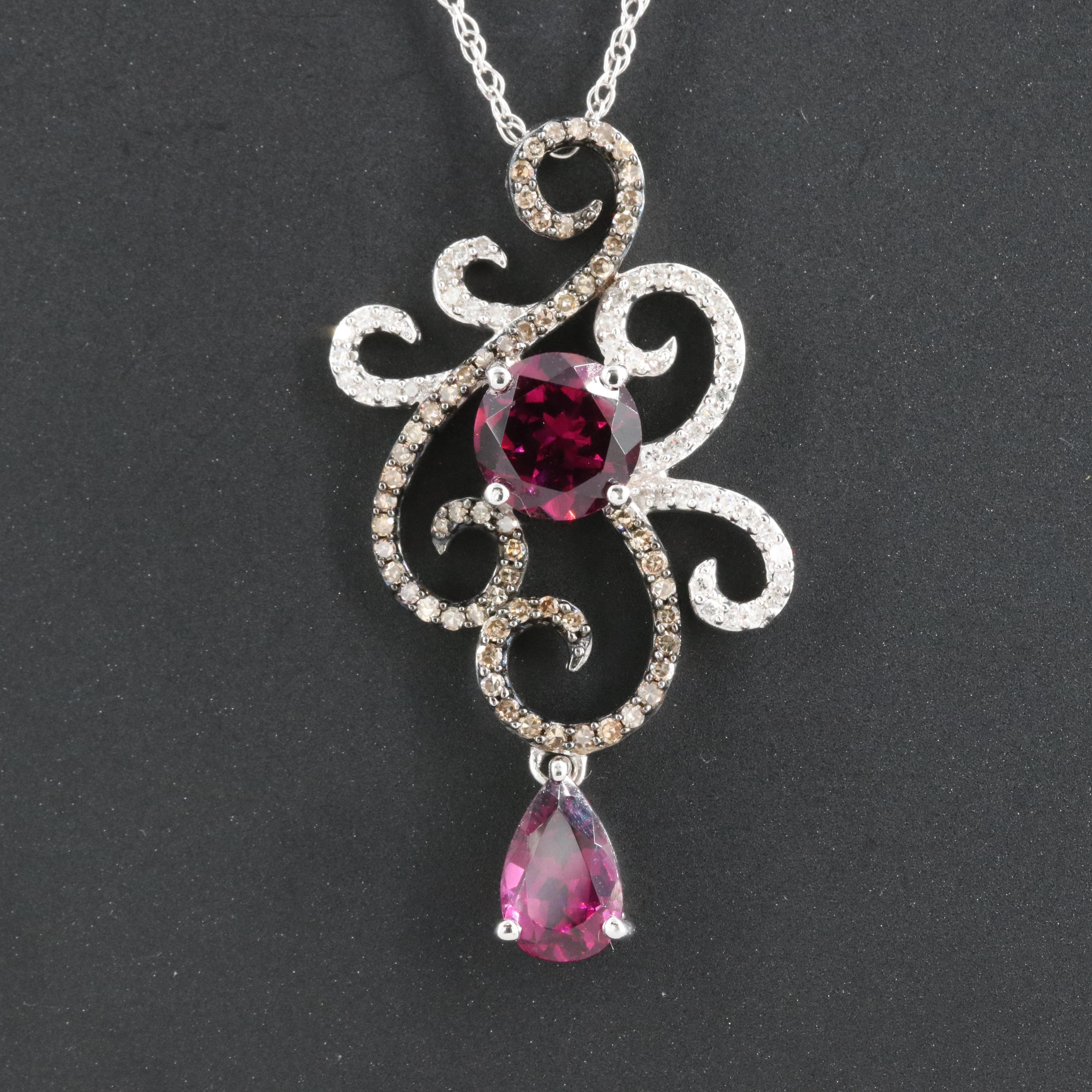 Sterling Diamond and Rhodolite Garnet Scrollwork Pendant Necklace