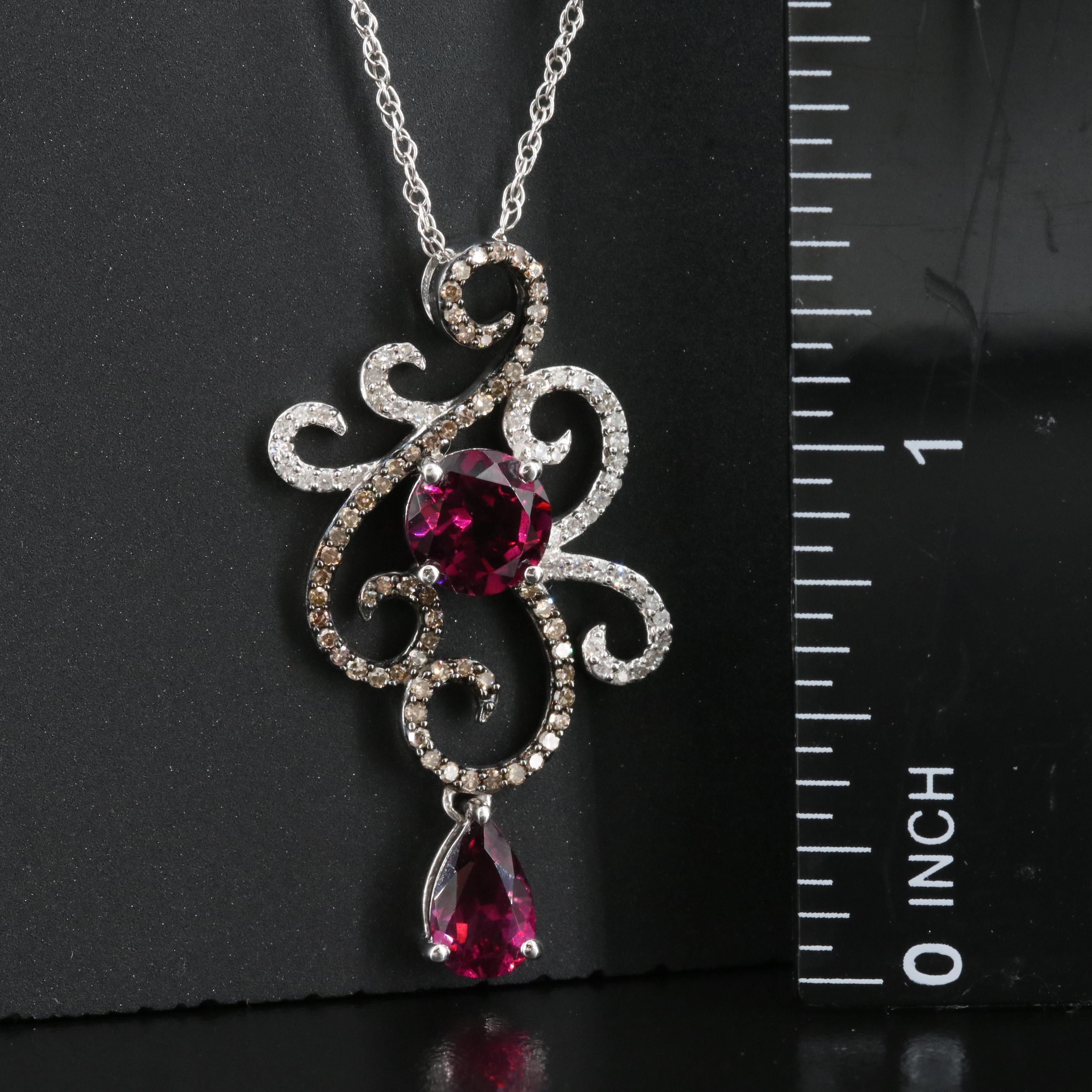 Sterling Diamond and Rhodolite Garnet Scrollwork Pendant Necklace