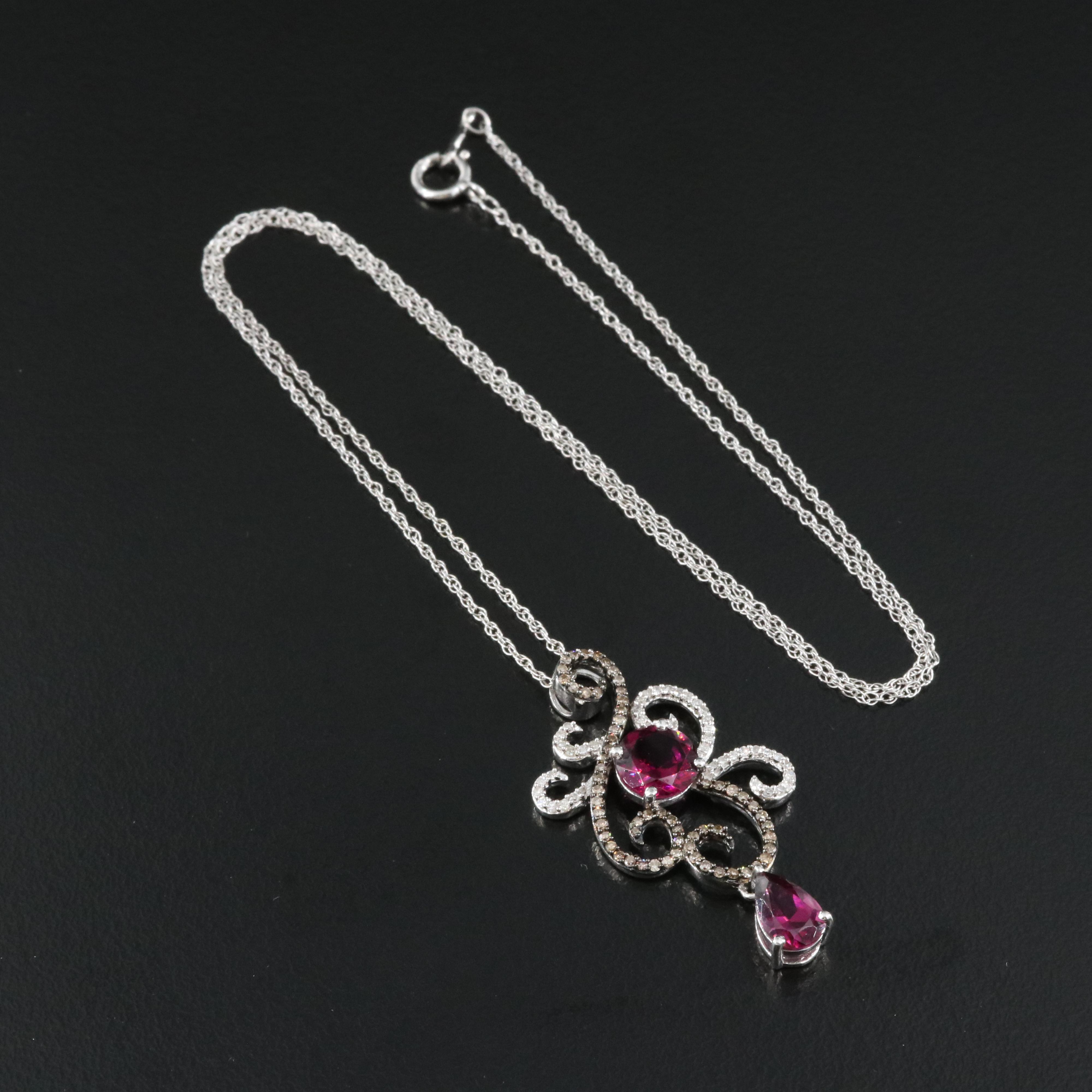 Sterling Diamond and Rhodolite Garnet Scrollwork Pendant Necklace