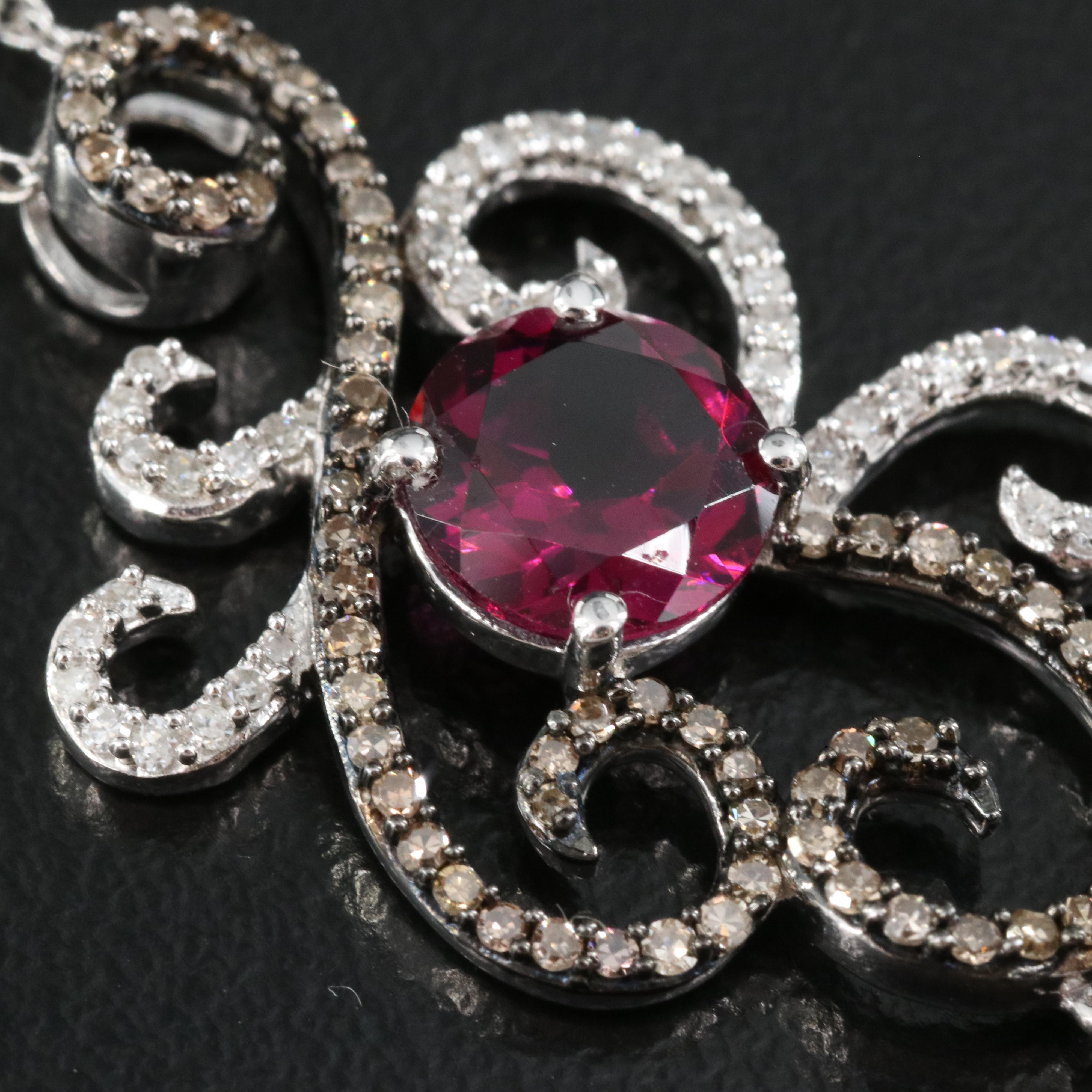 Sterling Diamond and Rhodolite Garnet Scrollwork Pendant Necklace