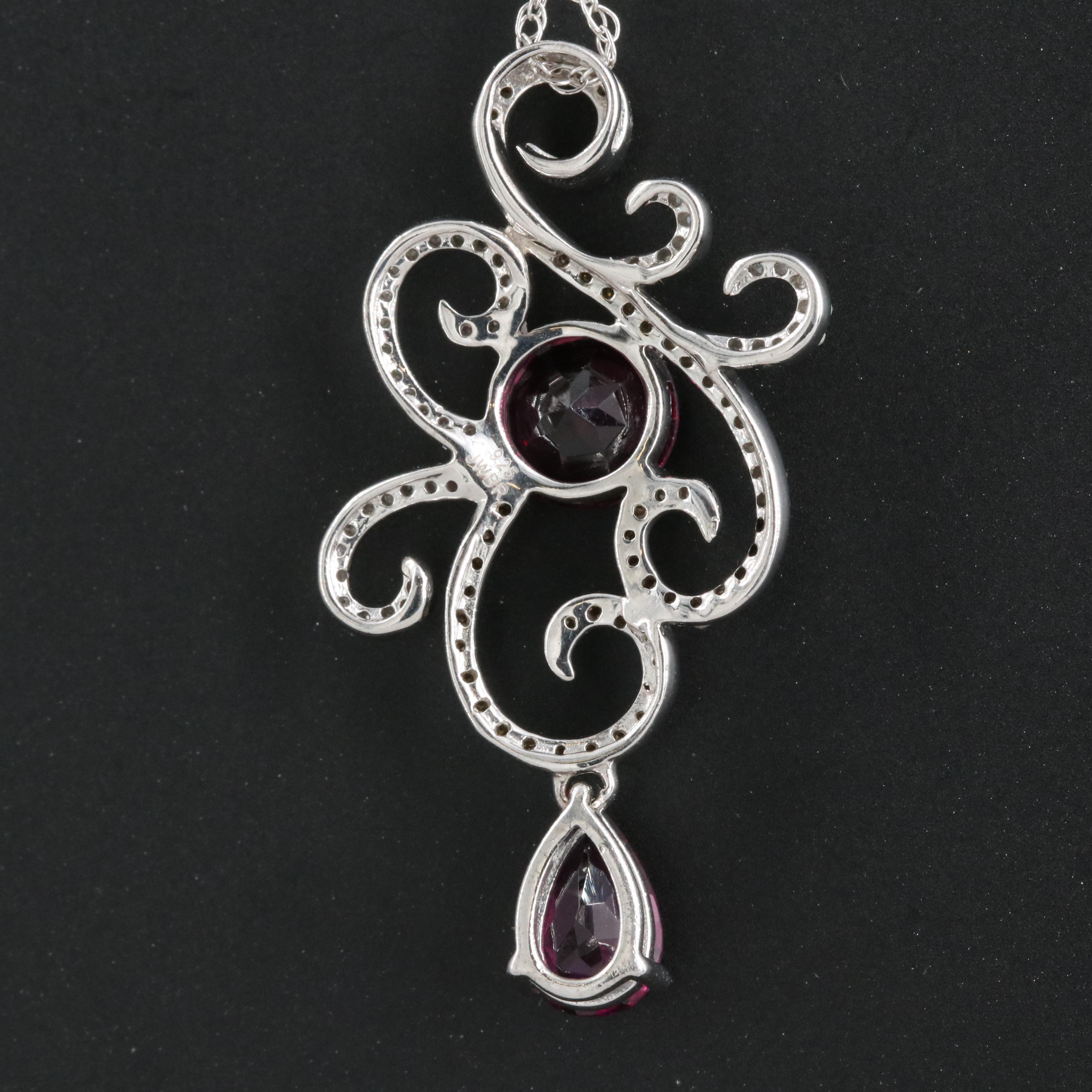 Sterling Diamond and Rhodolite Garnet Scrollwork Pendant Necklace