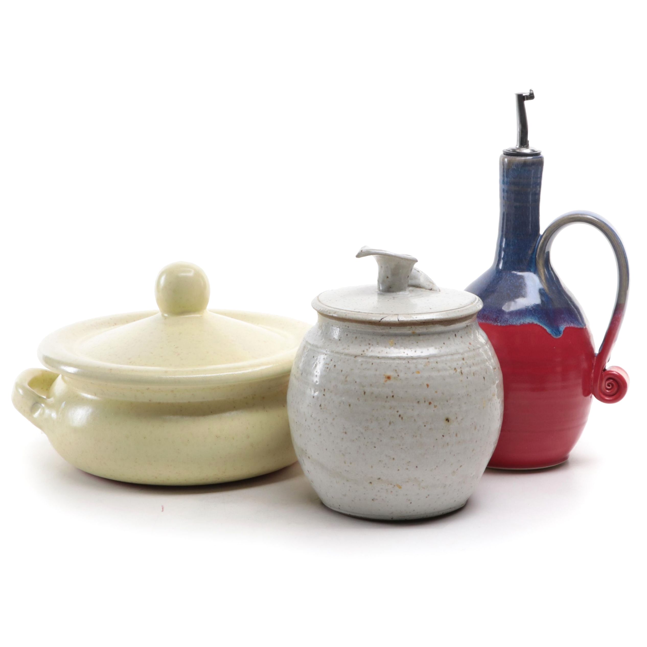 Studio Art Pottery Casserole with Lidded Vessel and Cruet
