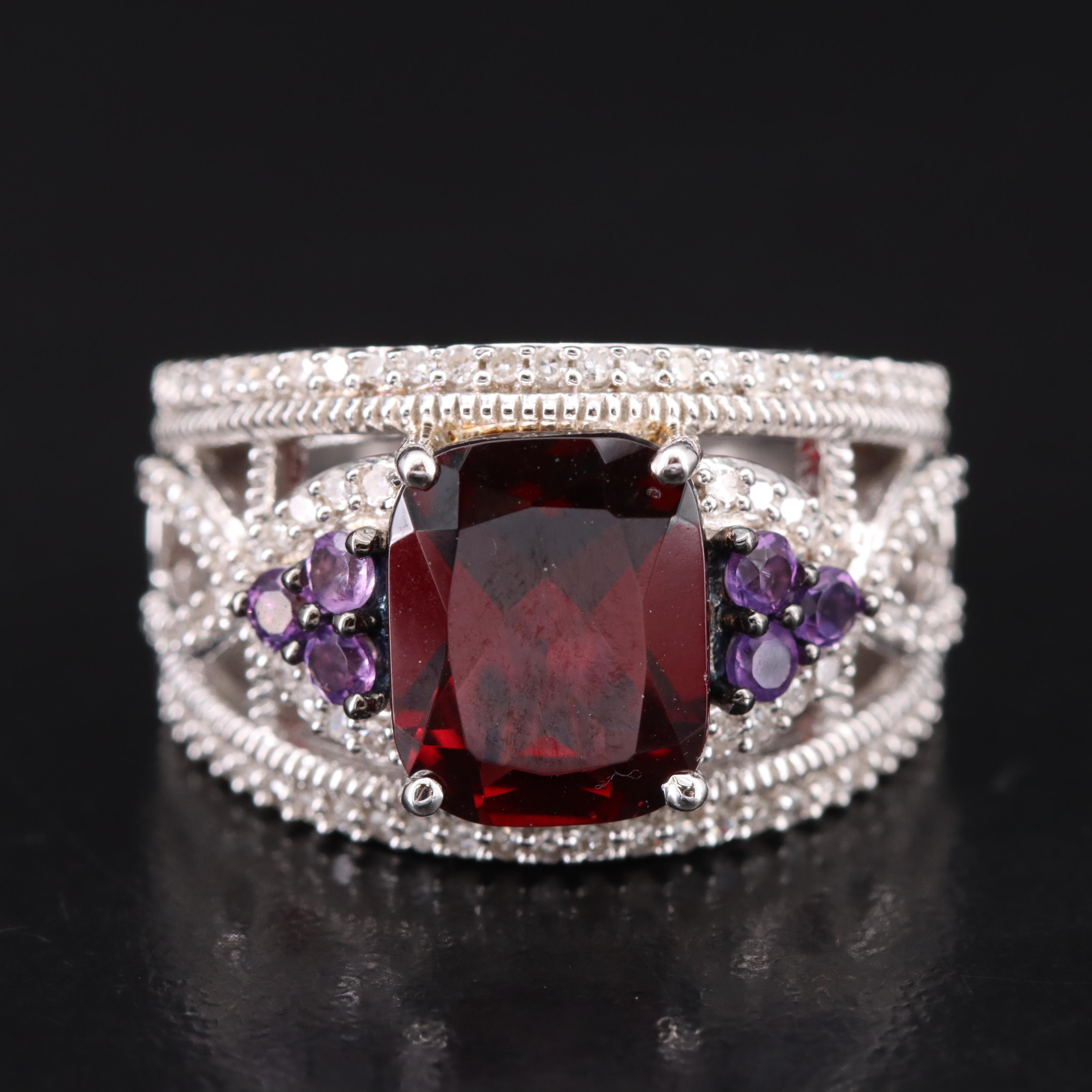 Sterling Garnet, Amethyst and Diamond Ring