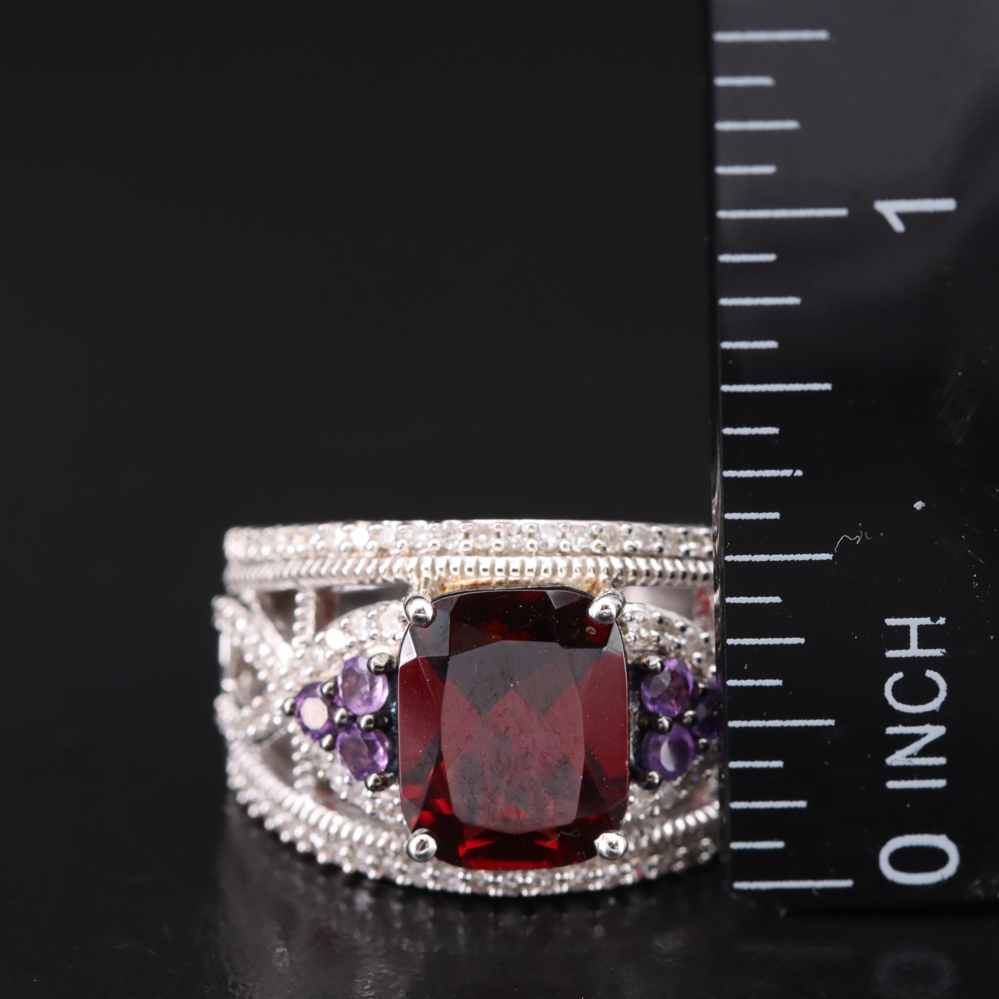 Sterling Garnet, Amethyst and Diamond Ring