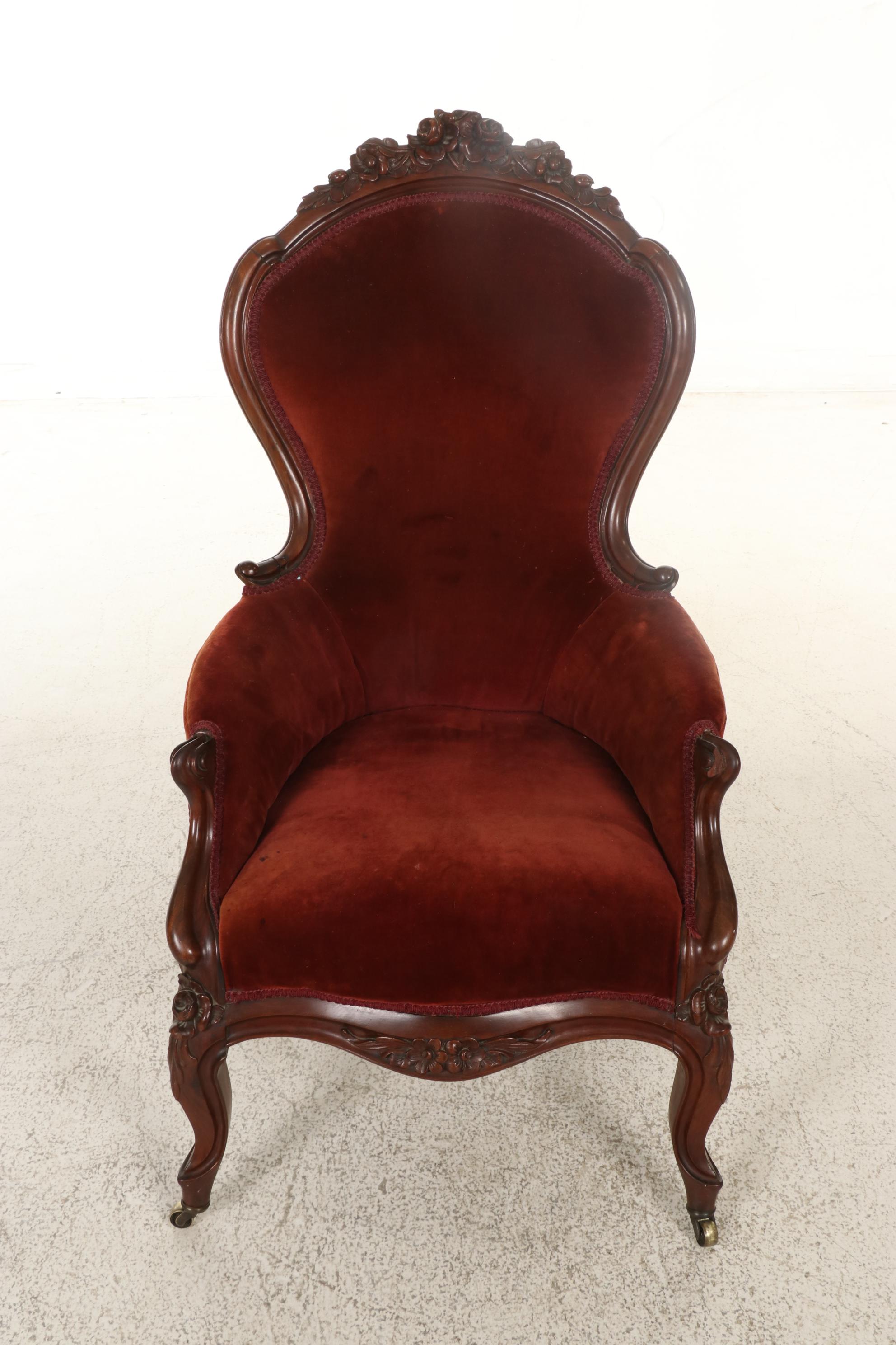 Victorian Rococo Revival Carved Walnut and Velvet-Upholstered Armchair