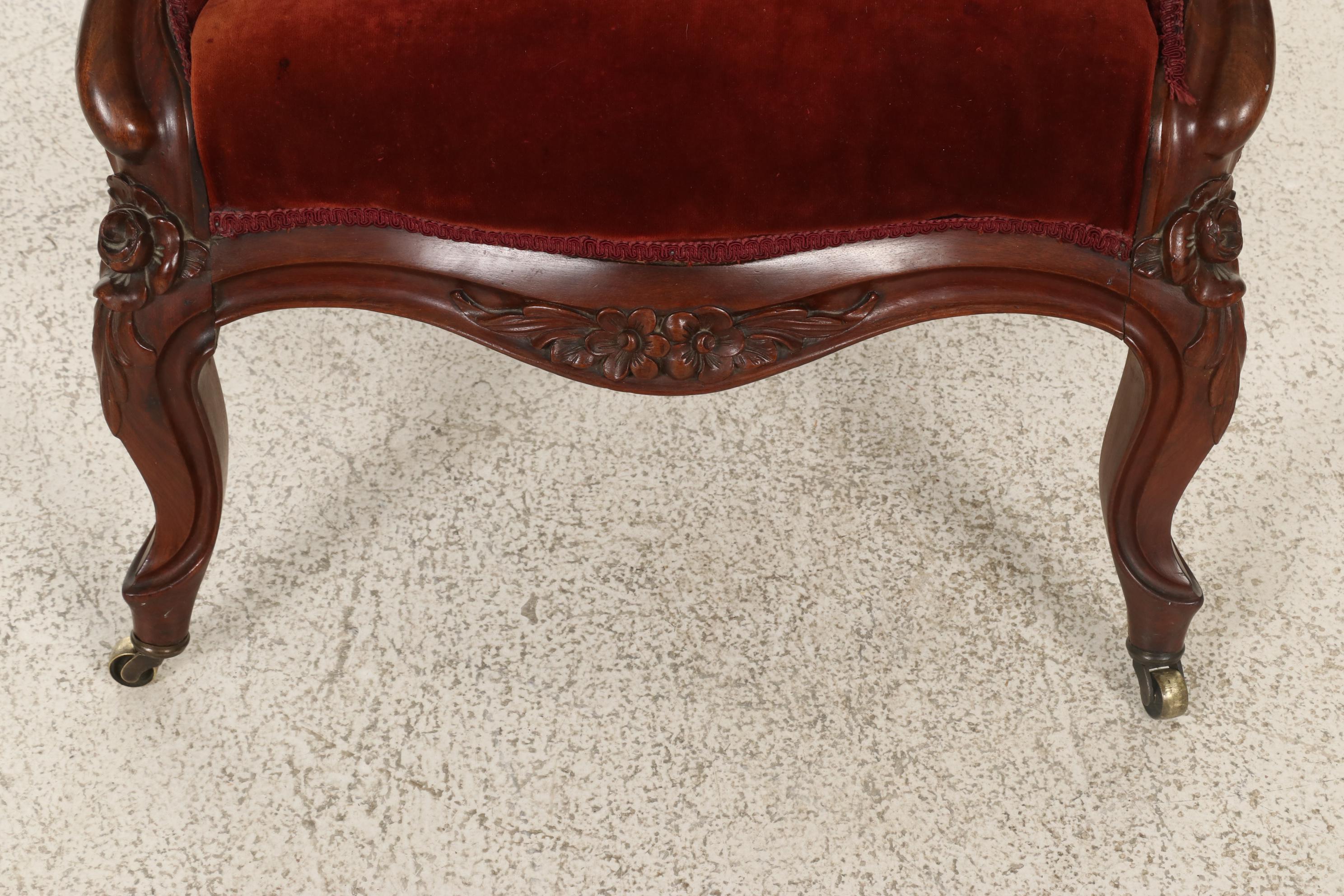 Victorian Rococo Revival Carved Walnut and Velvet-Upholstered Armchair