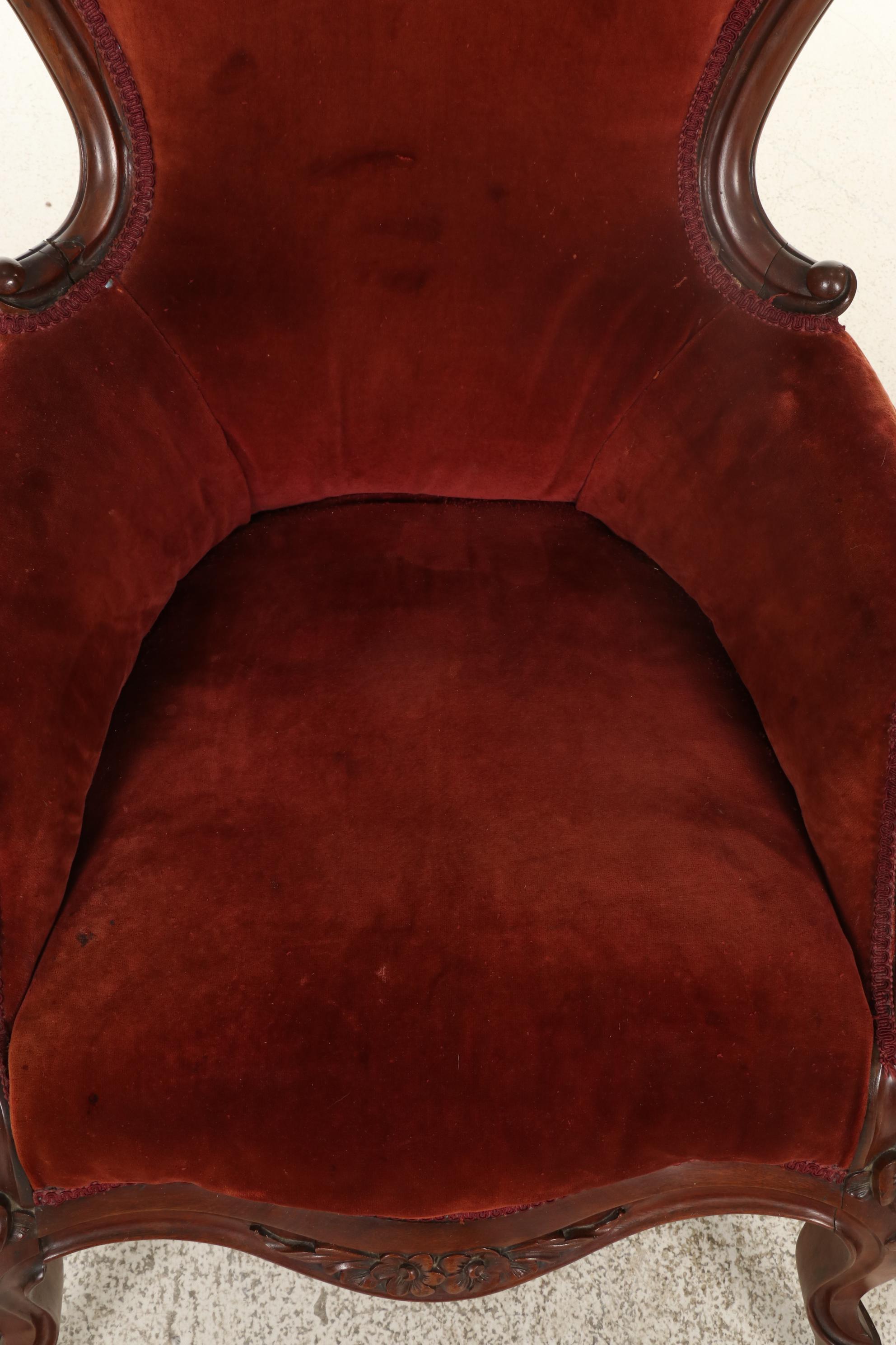 Victorian Rococo Revival Carved Walnut and Velvet-Upholstered Armchair