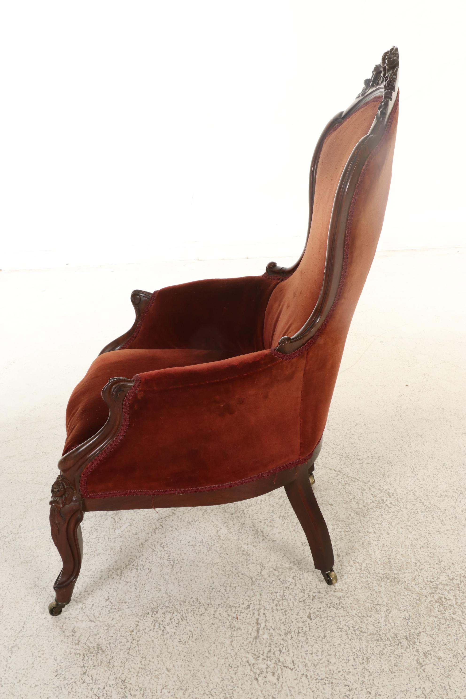 Victorian Rococo Revival Carved Walnut and Velvet-Upholstered Armchair
