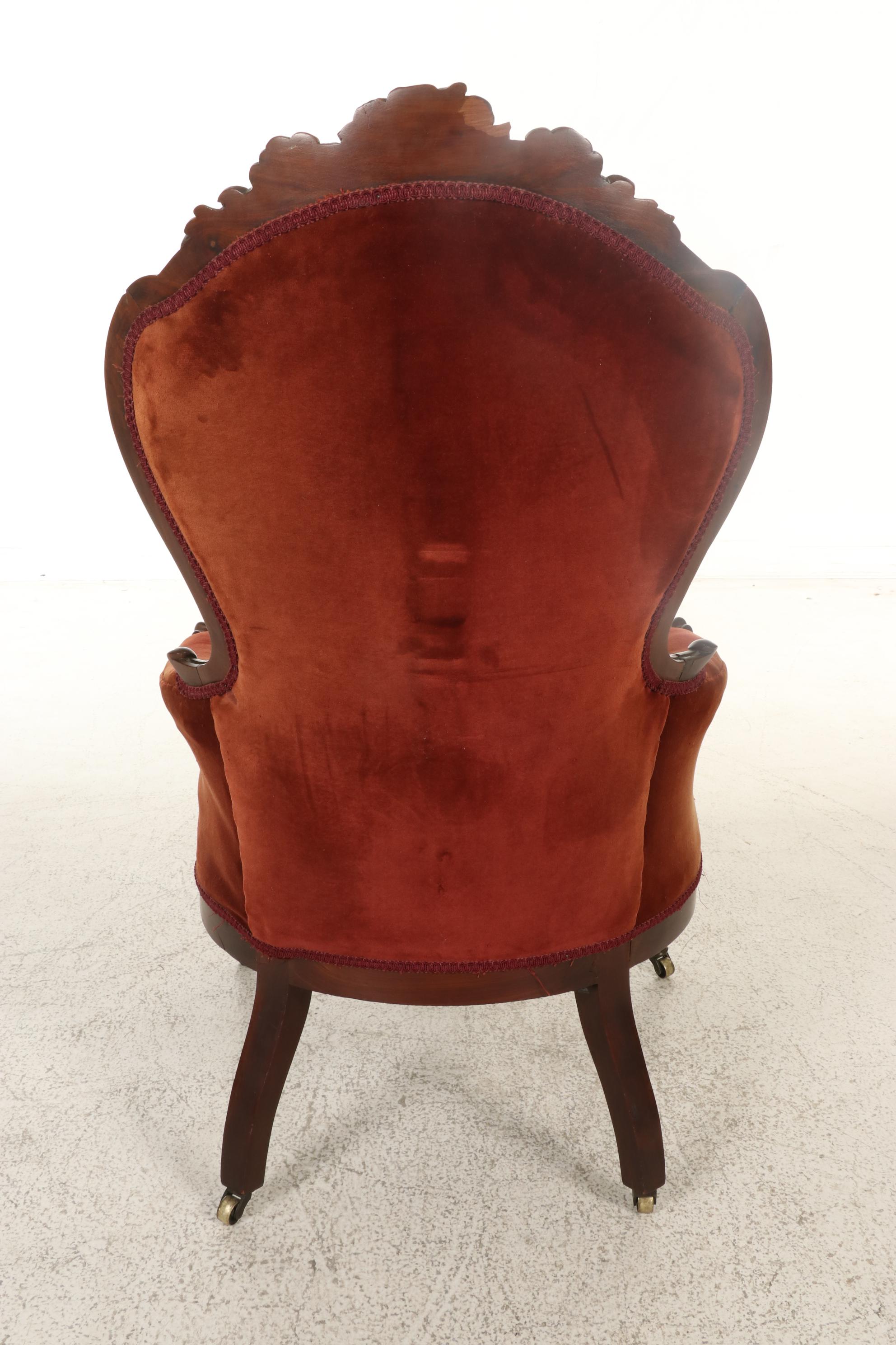Victorian Rococo Revival Carved Walnut and Velvet-Upholstered Armchair