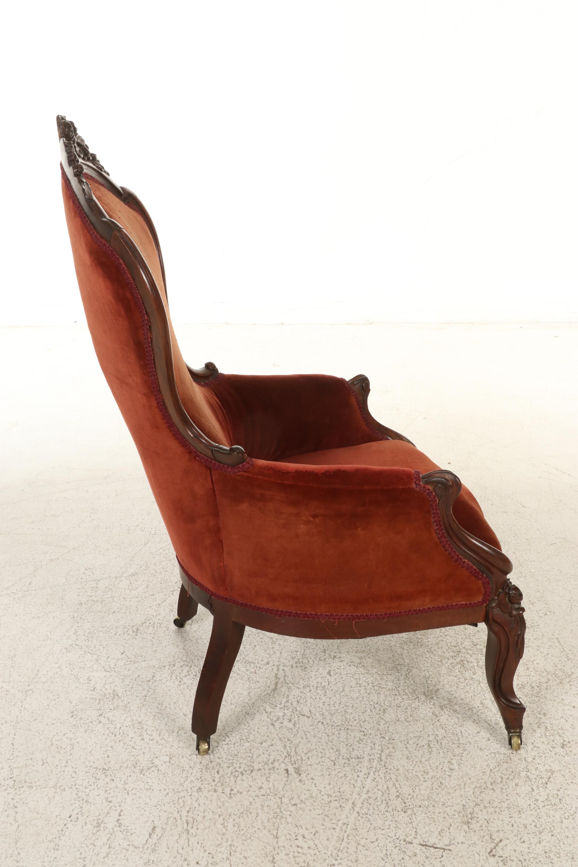 Victorian Rococo Revival Carved Walnut and Velvet-Upholstered Armchair