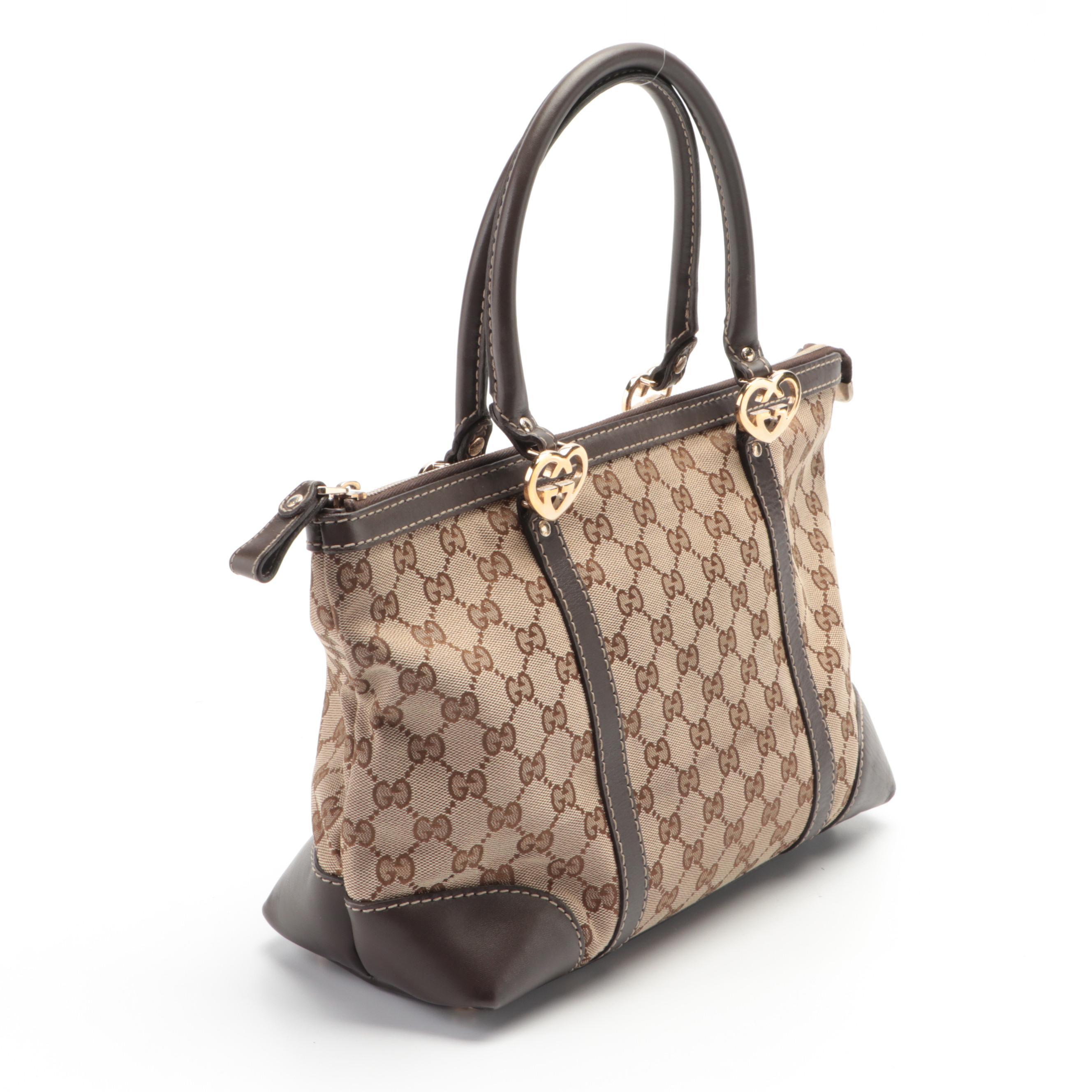 Gucci Lovely Heart Shoulder Bag in GG Canvas and Brown Leather