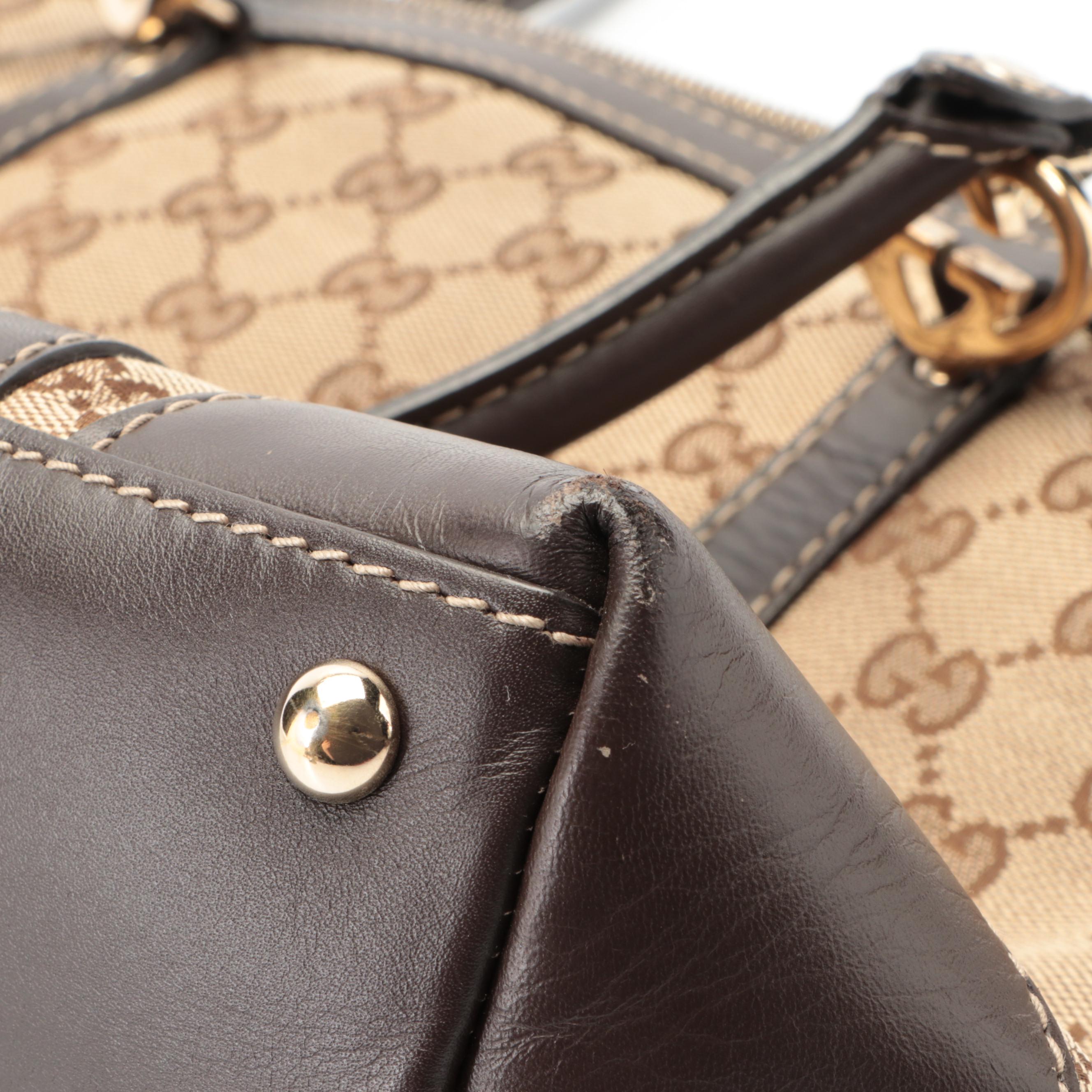 Gucci Lovely Heart Shoulder Bag in GG Canvas and Brown Leather