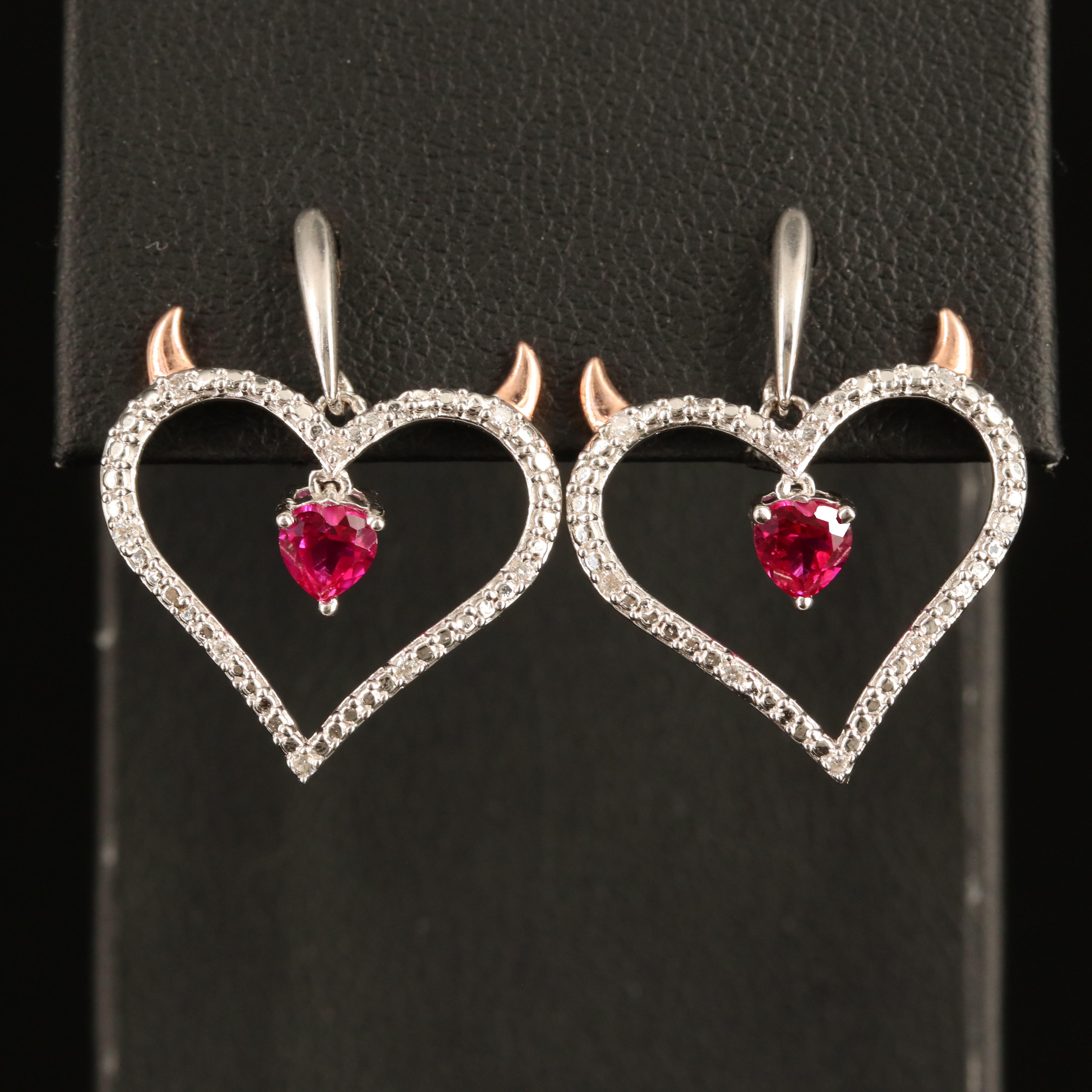Sterling Ruby and Cubic Zirconia Devil Heart Earrings