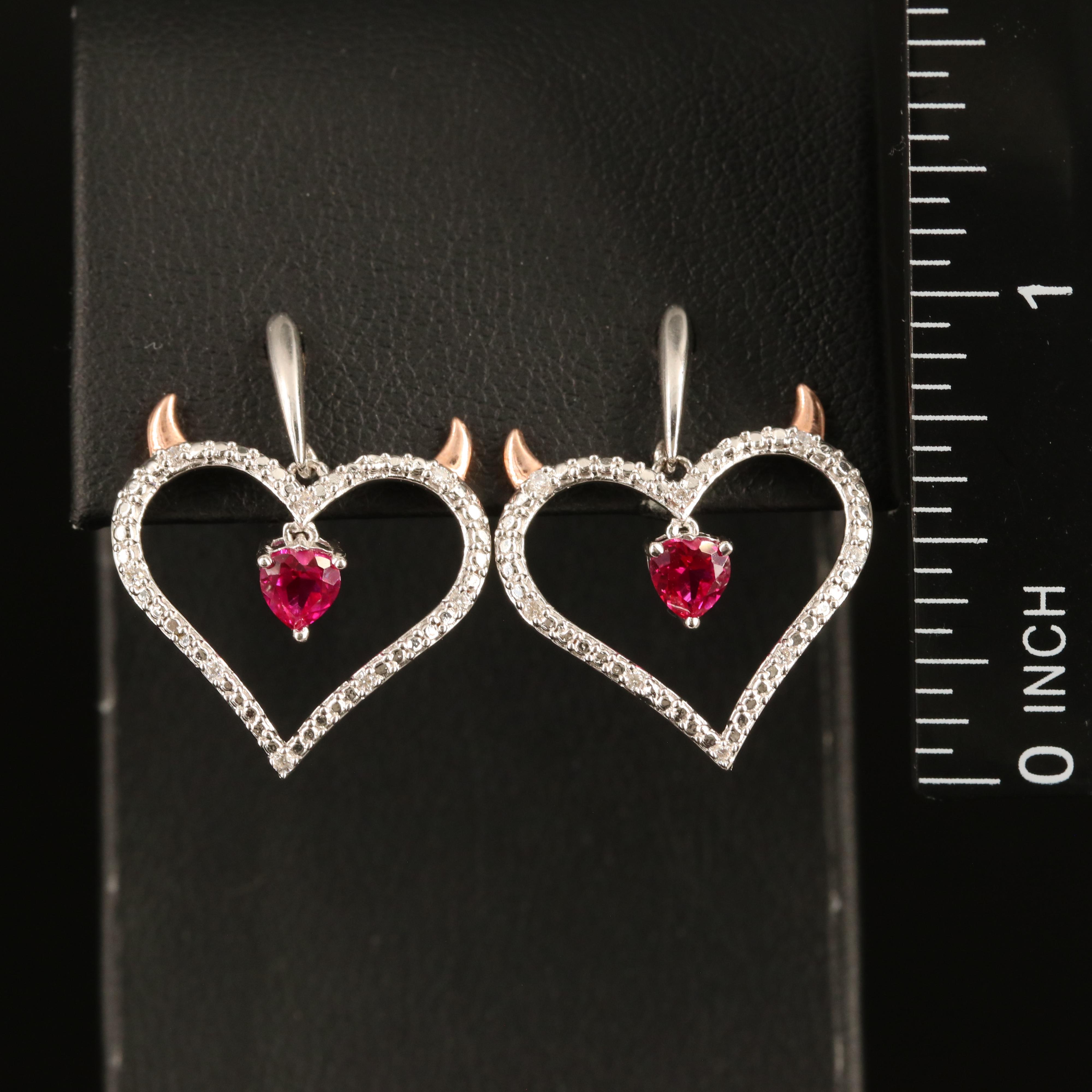 Sterling Ruby and Cubic Zirconia Devil Heart Earrings