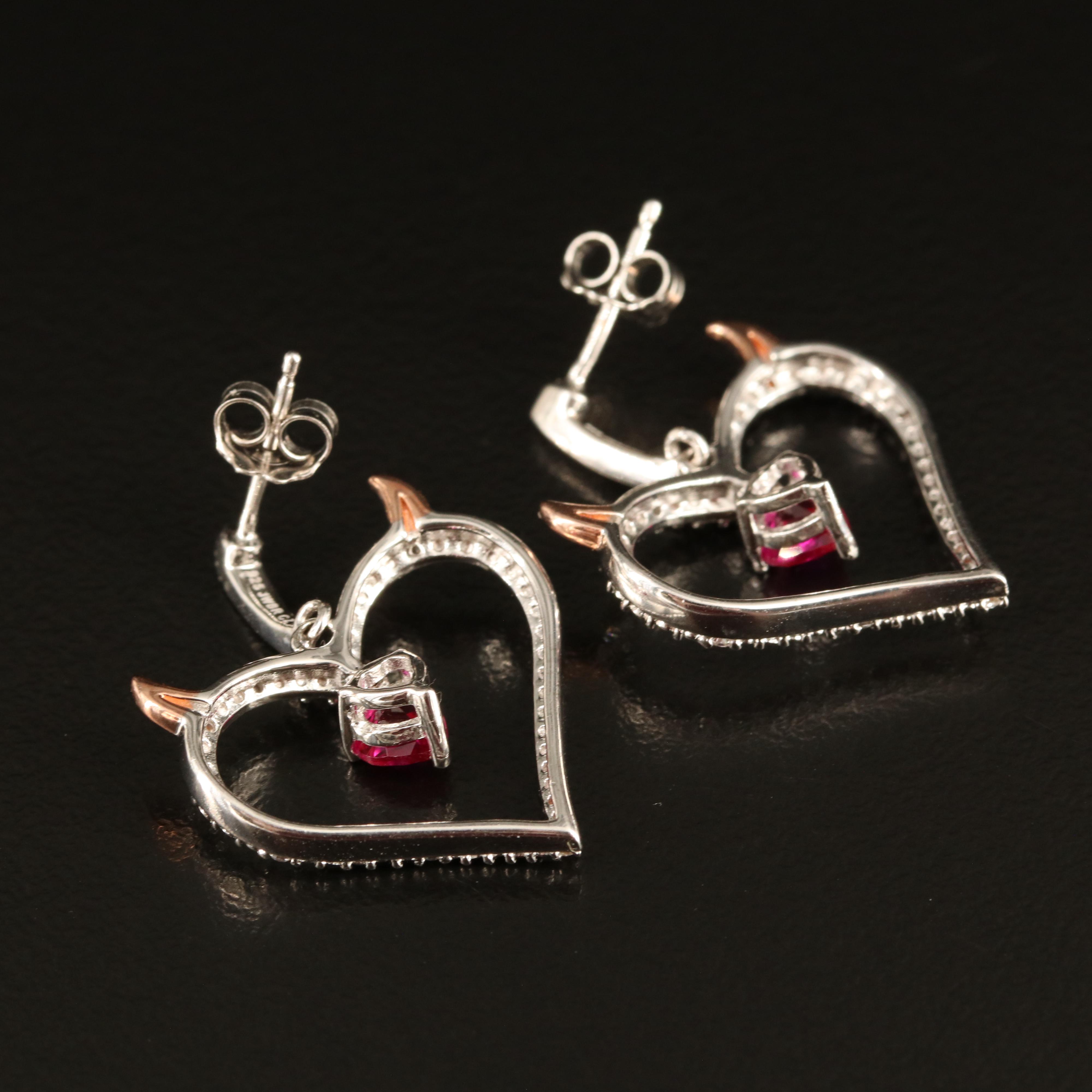 Sterling Ruby and Cubic Zirconia Devil Heart Earrings