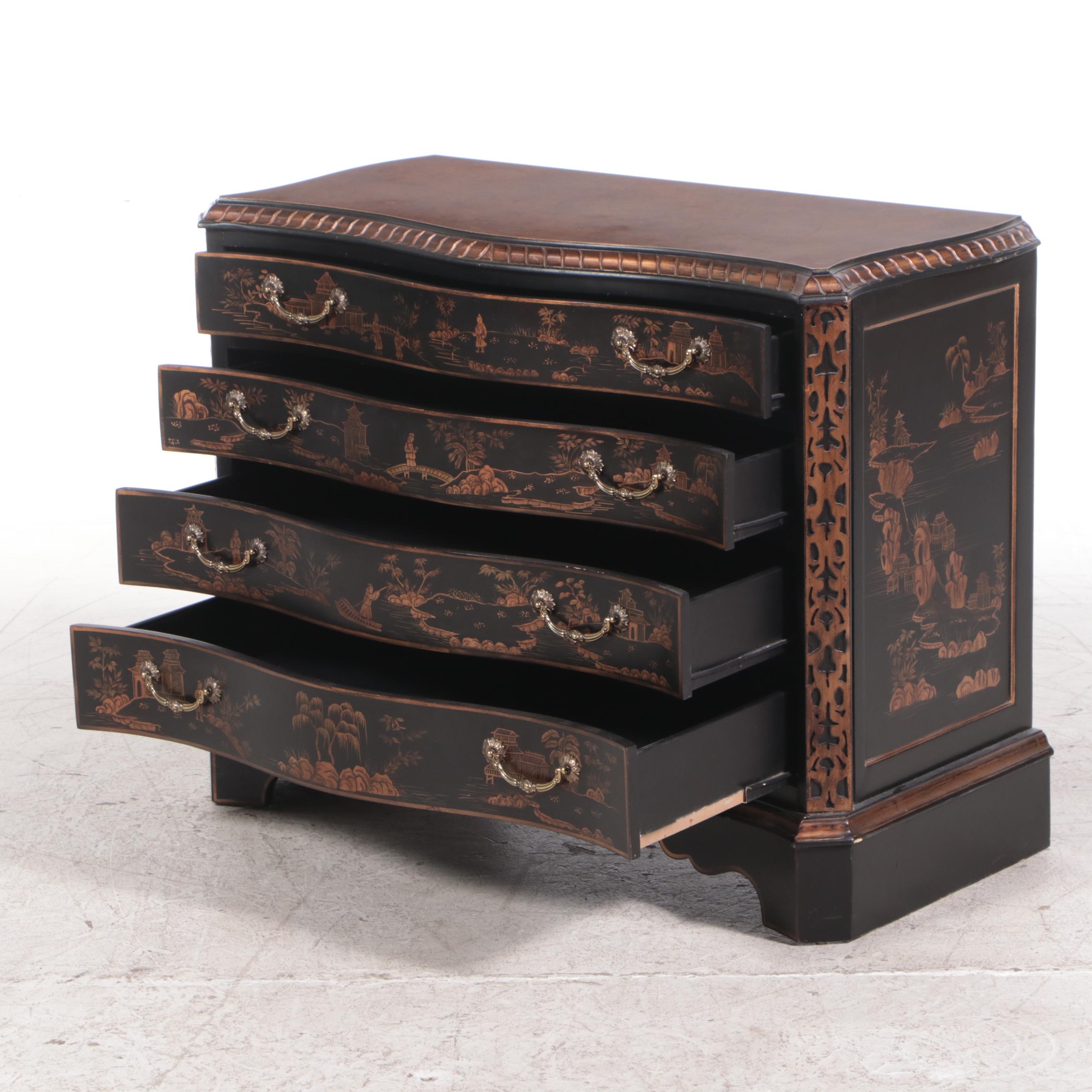George III Style Ebonized, Parcel-Gilt, and Chinoiserie Four-Drawer Chest