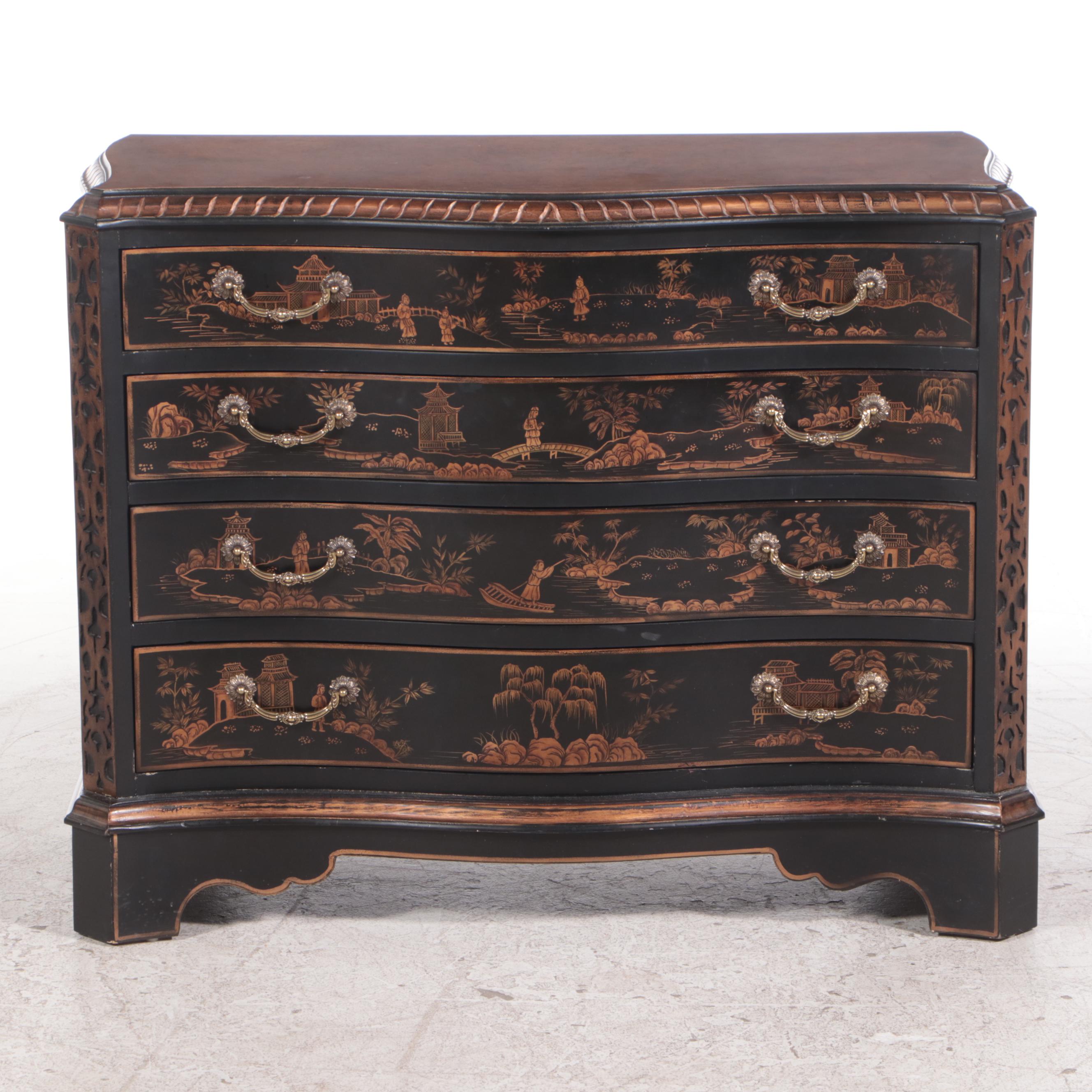 George III Style Ebonized, Parcel-Gilt, and Chinoiserie Four-Drawer Chest